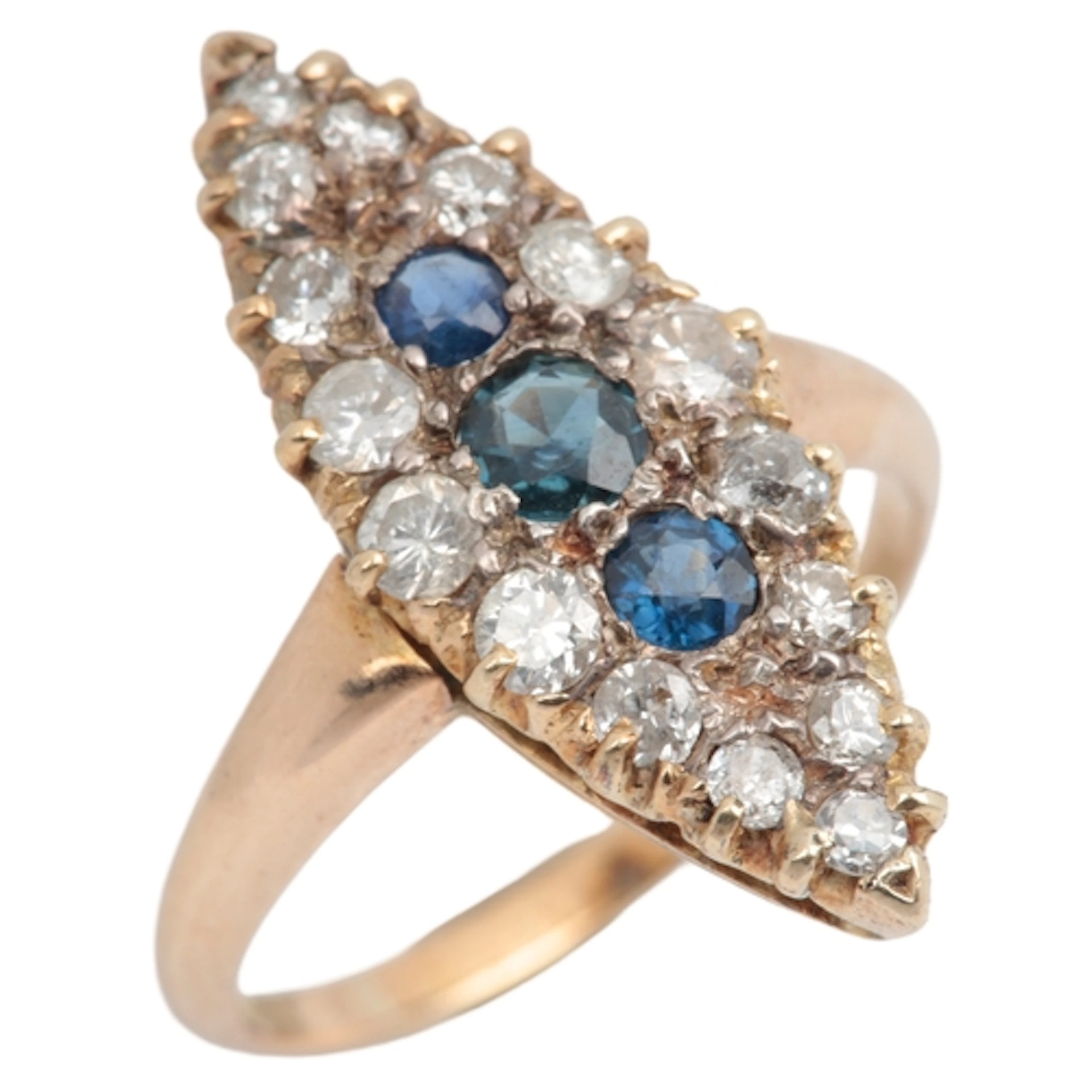 A sapphire and diamond navette ring, set with circular and b...