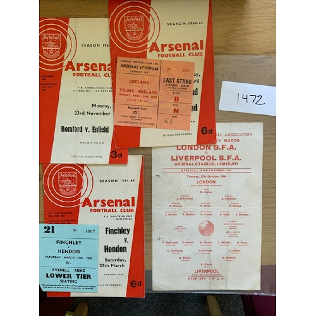 64/65 Football Programmes + Tickets Of Matches At Arsenal: E...