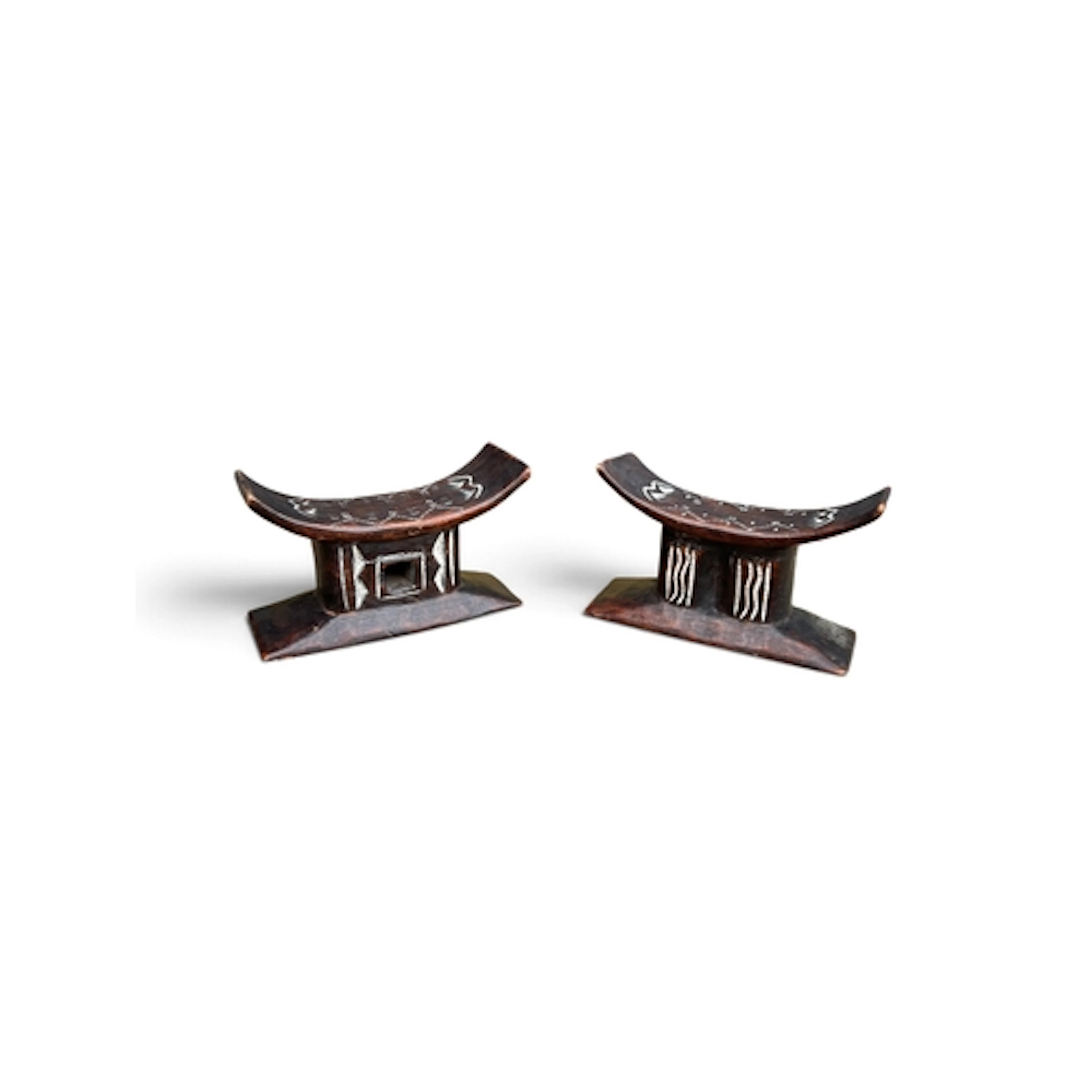 TWO ASHANTI HEADRESTS FROM GHANA 22cm W x 13cm H...