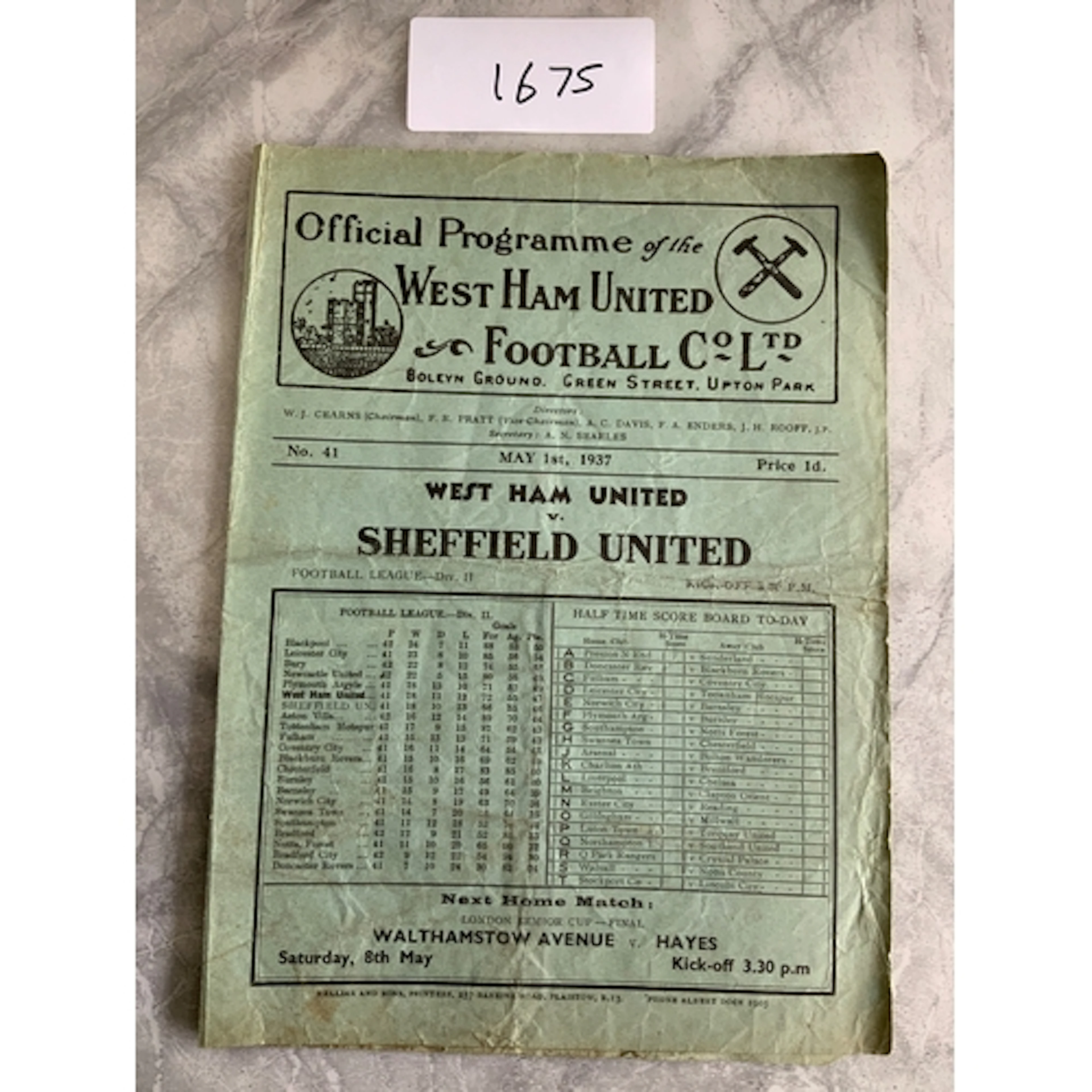 36/37 West Ham v Sheffield United Football Programme: Good c...