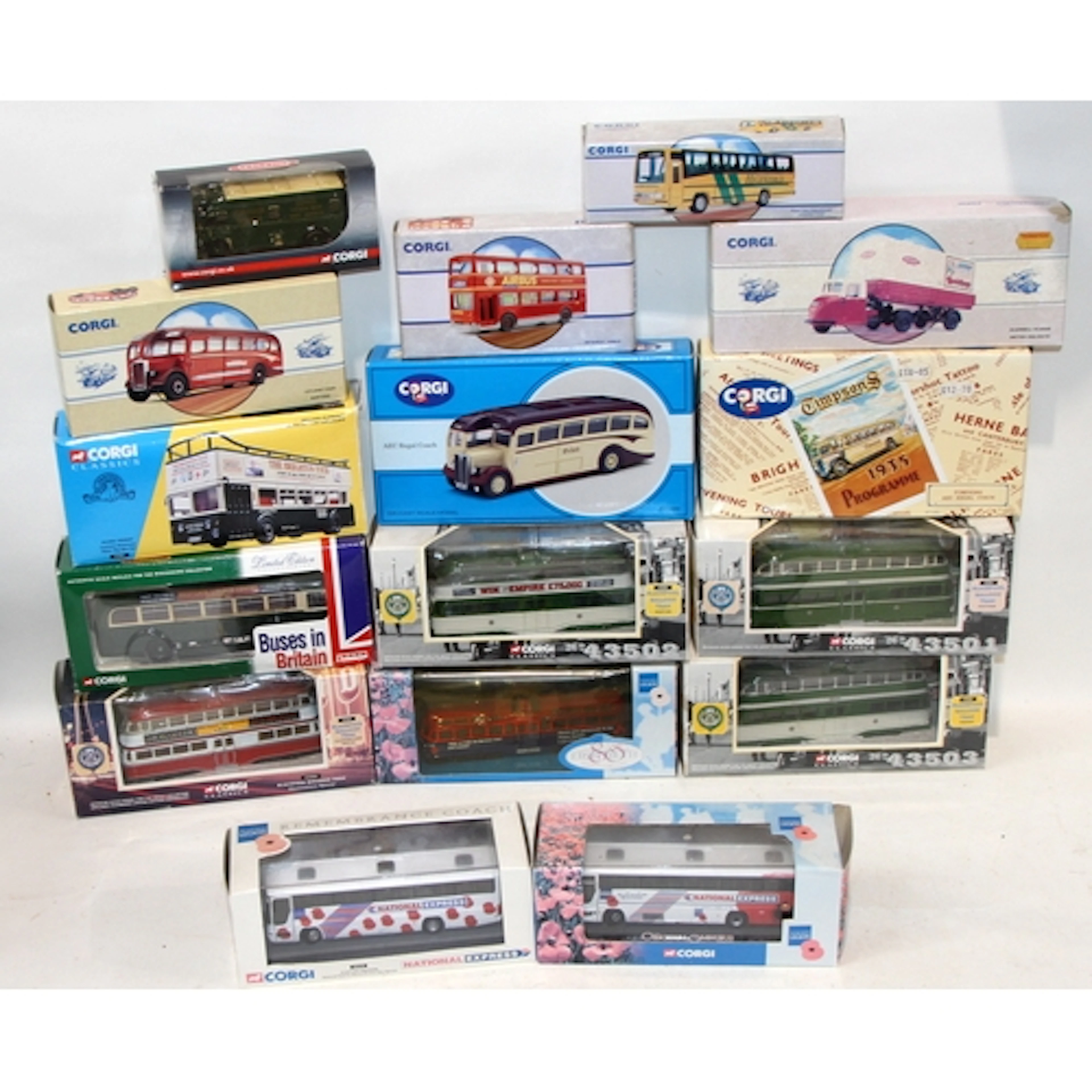 A collection of Corgi die-cast model buses. 16 in lot, all b...