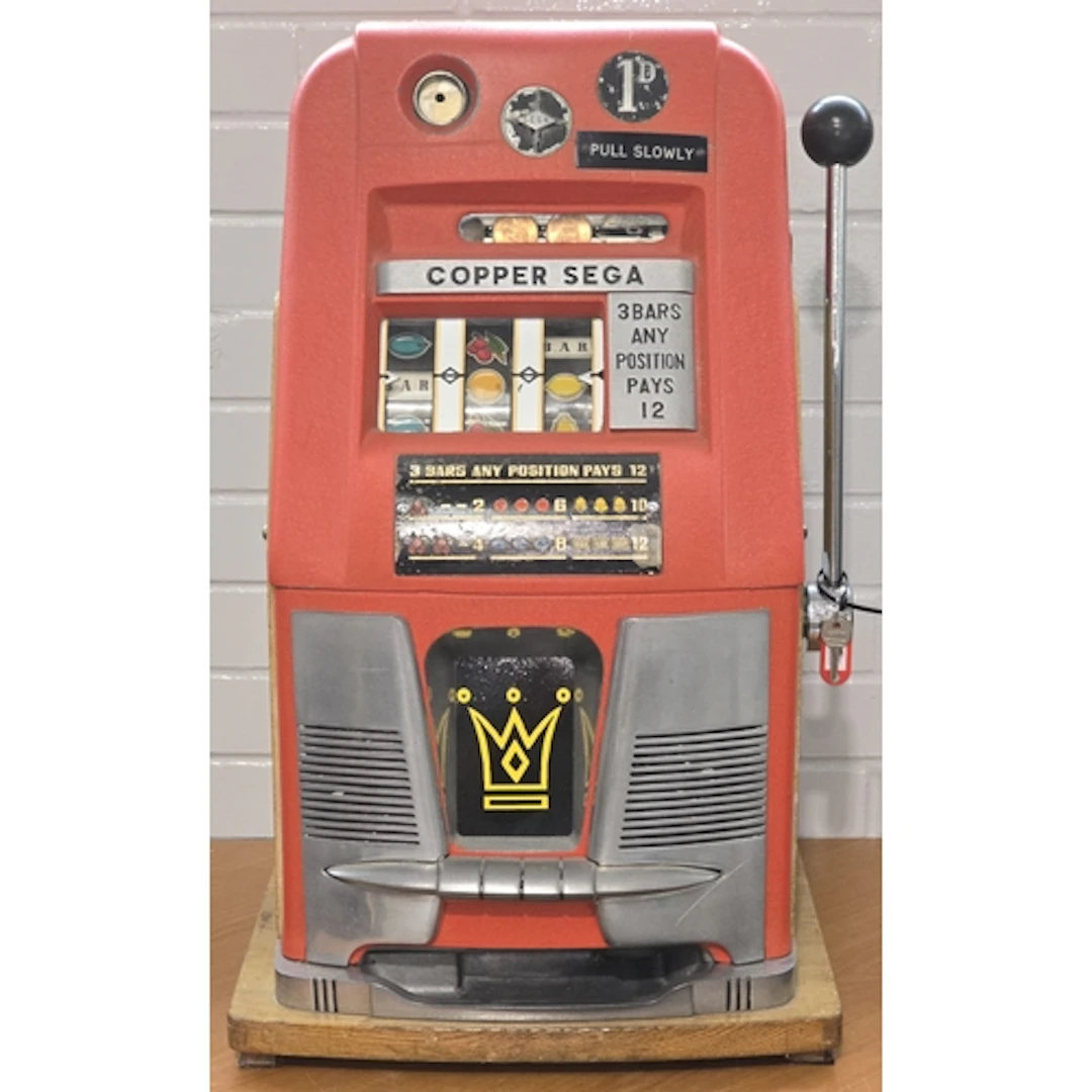 A vintage Copper Sega high top slot machine. 1D play. red pa...
