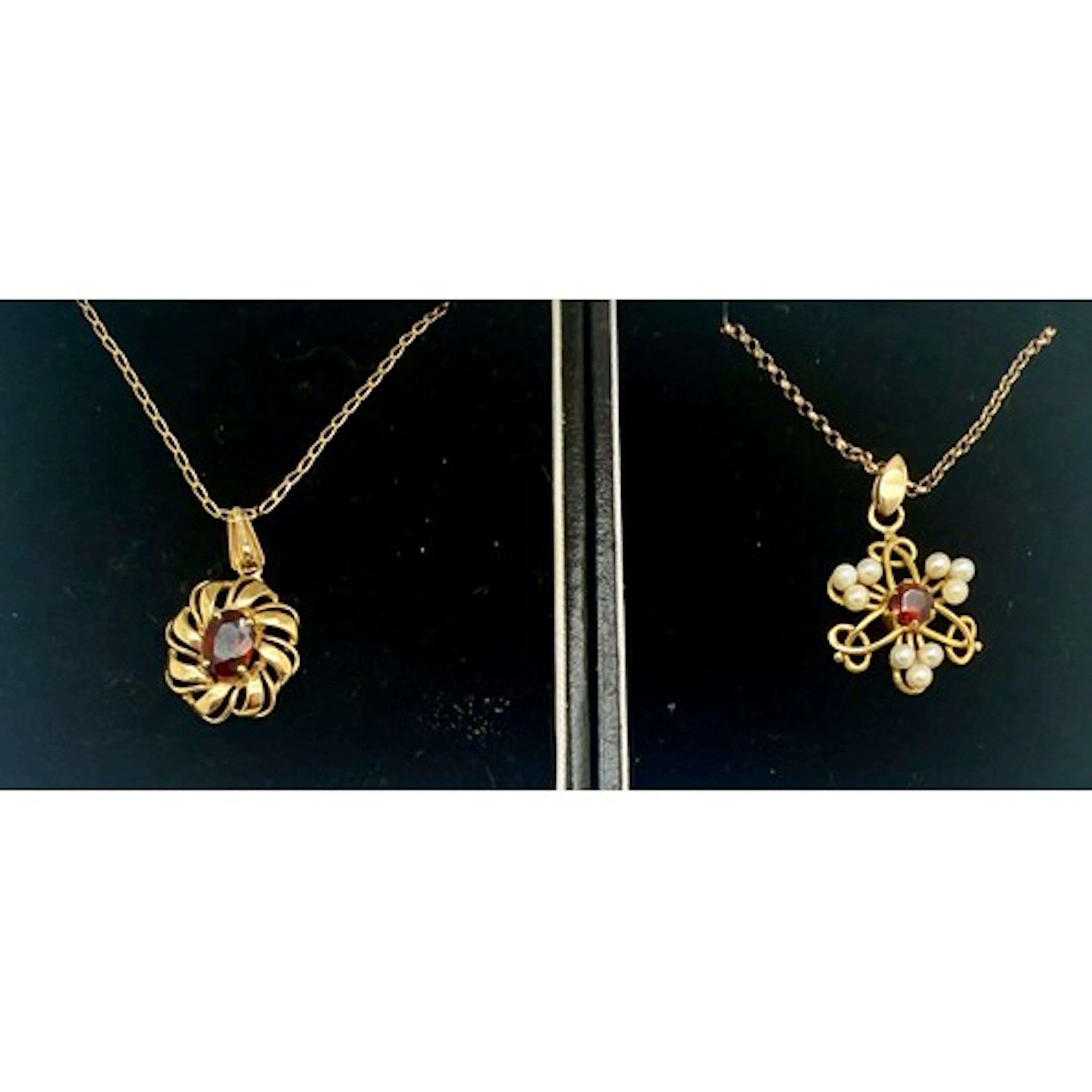 Two 9 carat gold pendants set with seed pearls and red stone...