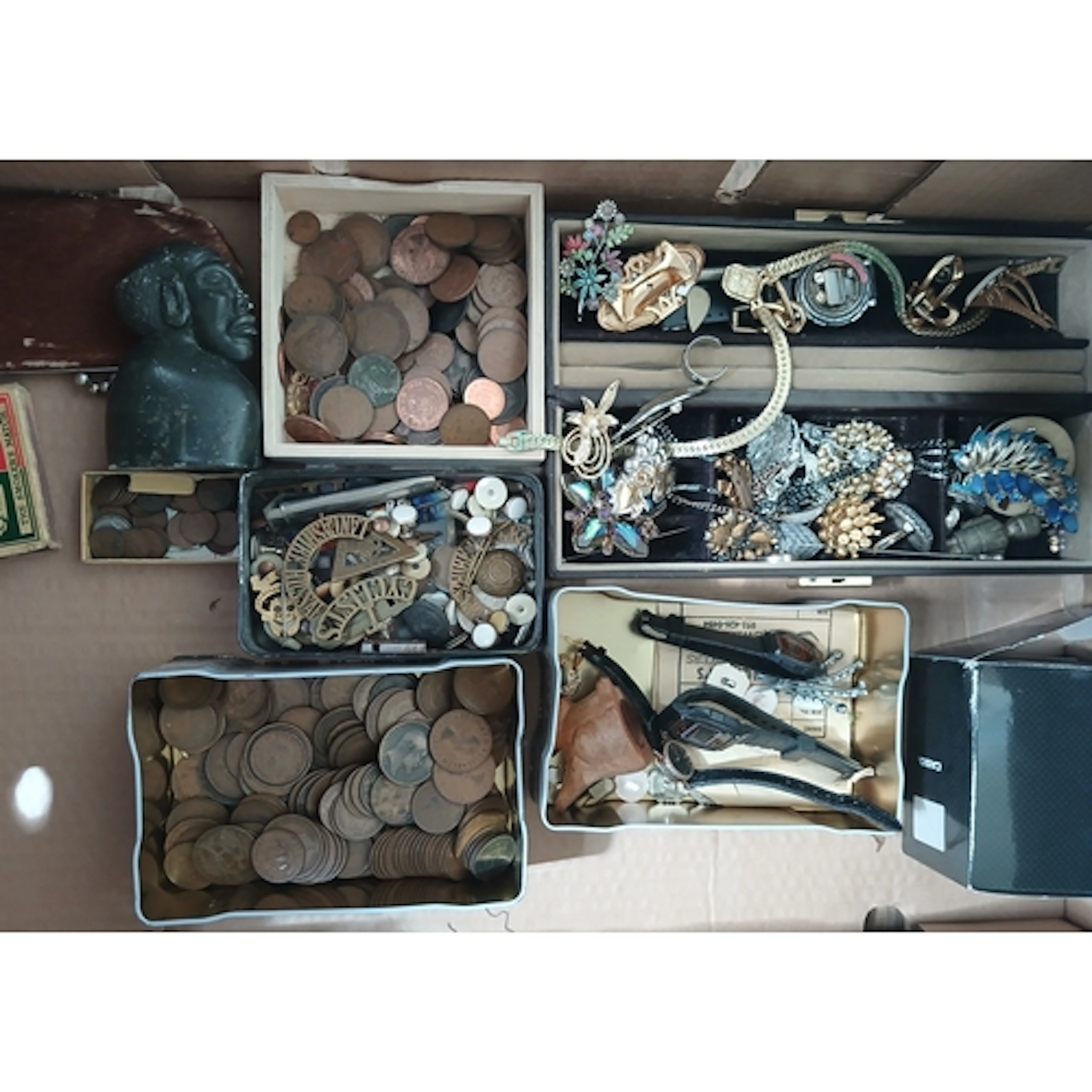A box of assorted costume jewellery, coins, watches, militar...