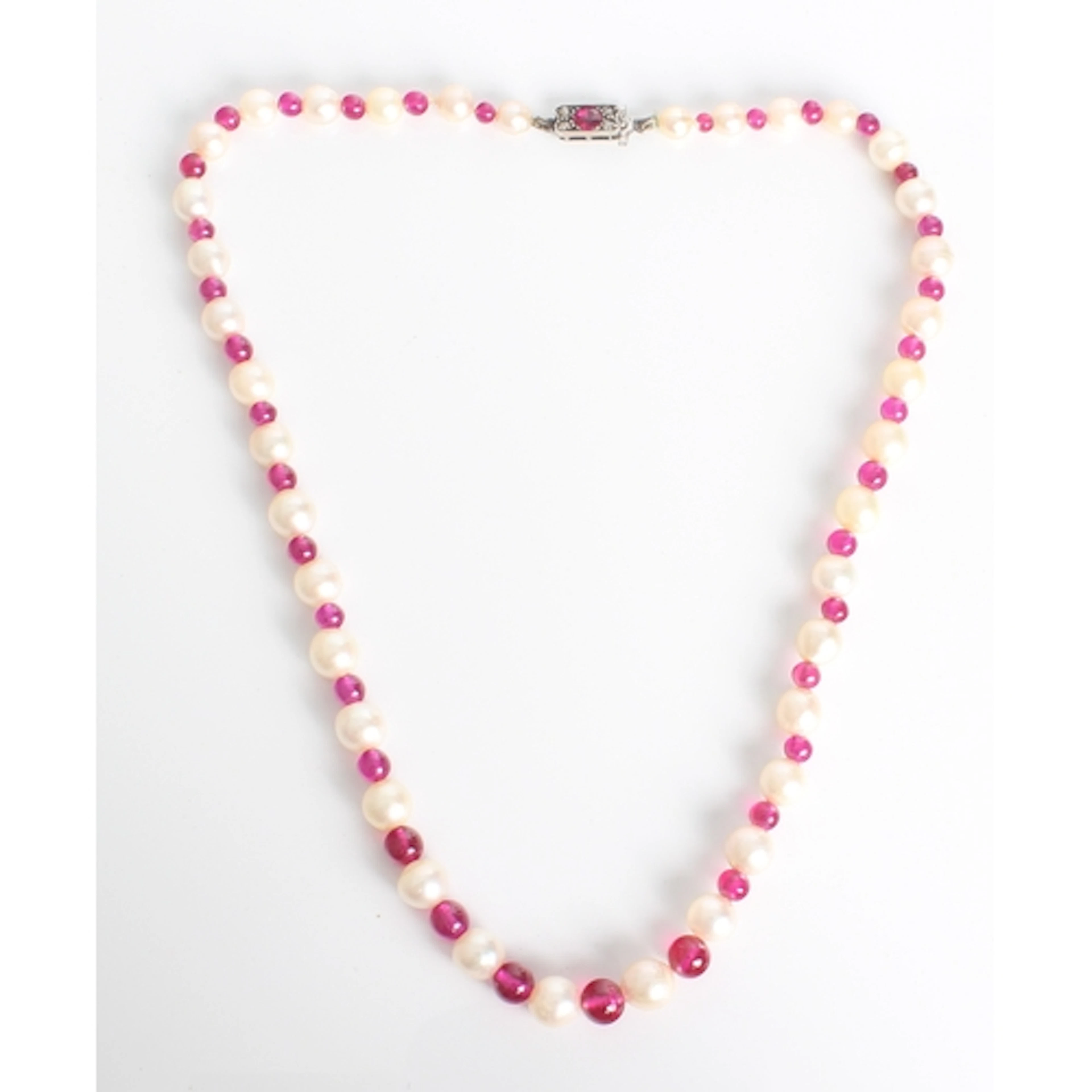 A mid-century freshwater pearl and pink gemstone bead neckla...