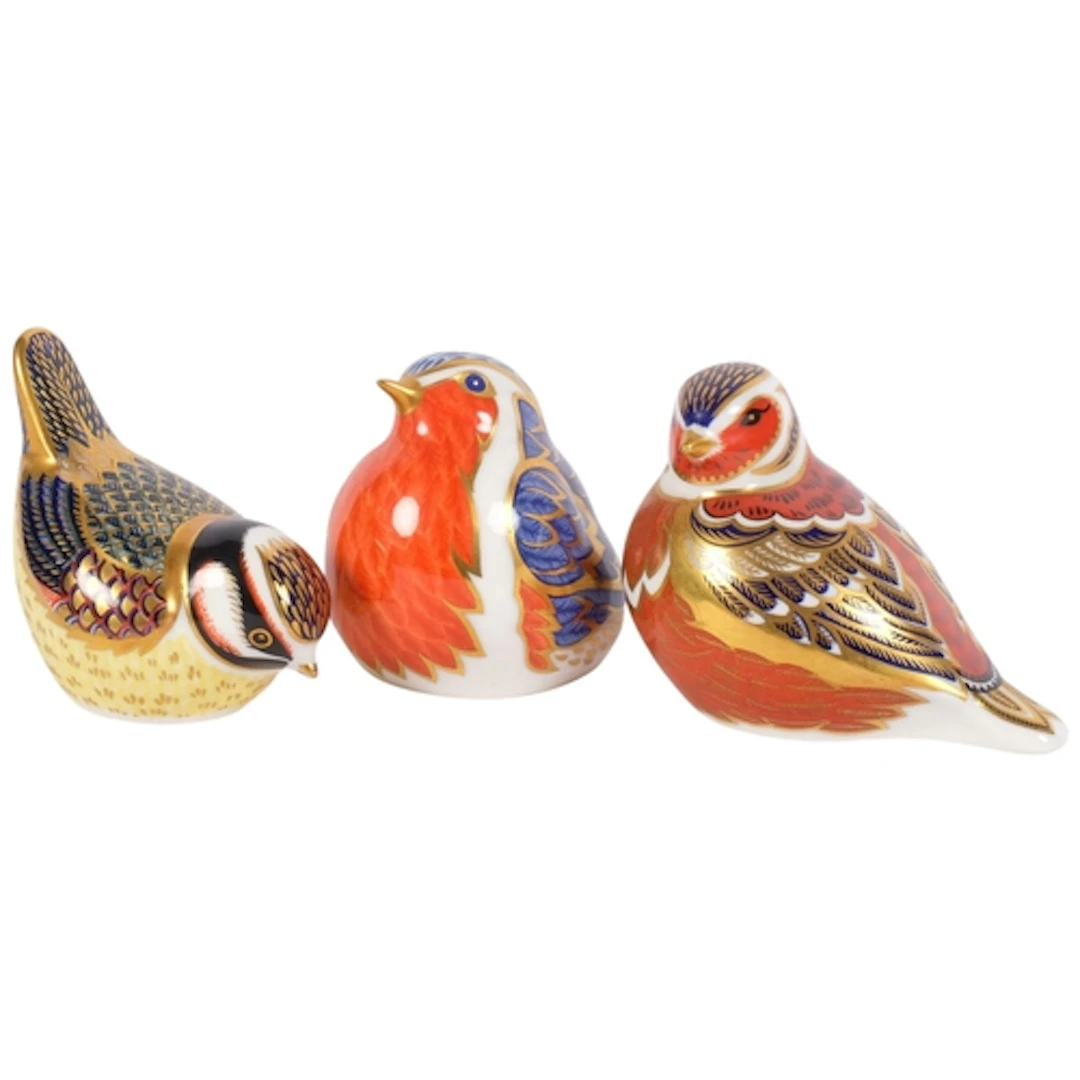 ROYAL CROWN DERBY - 3 paperweights, a robin with silver stop...