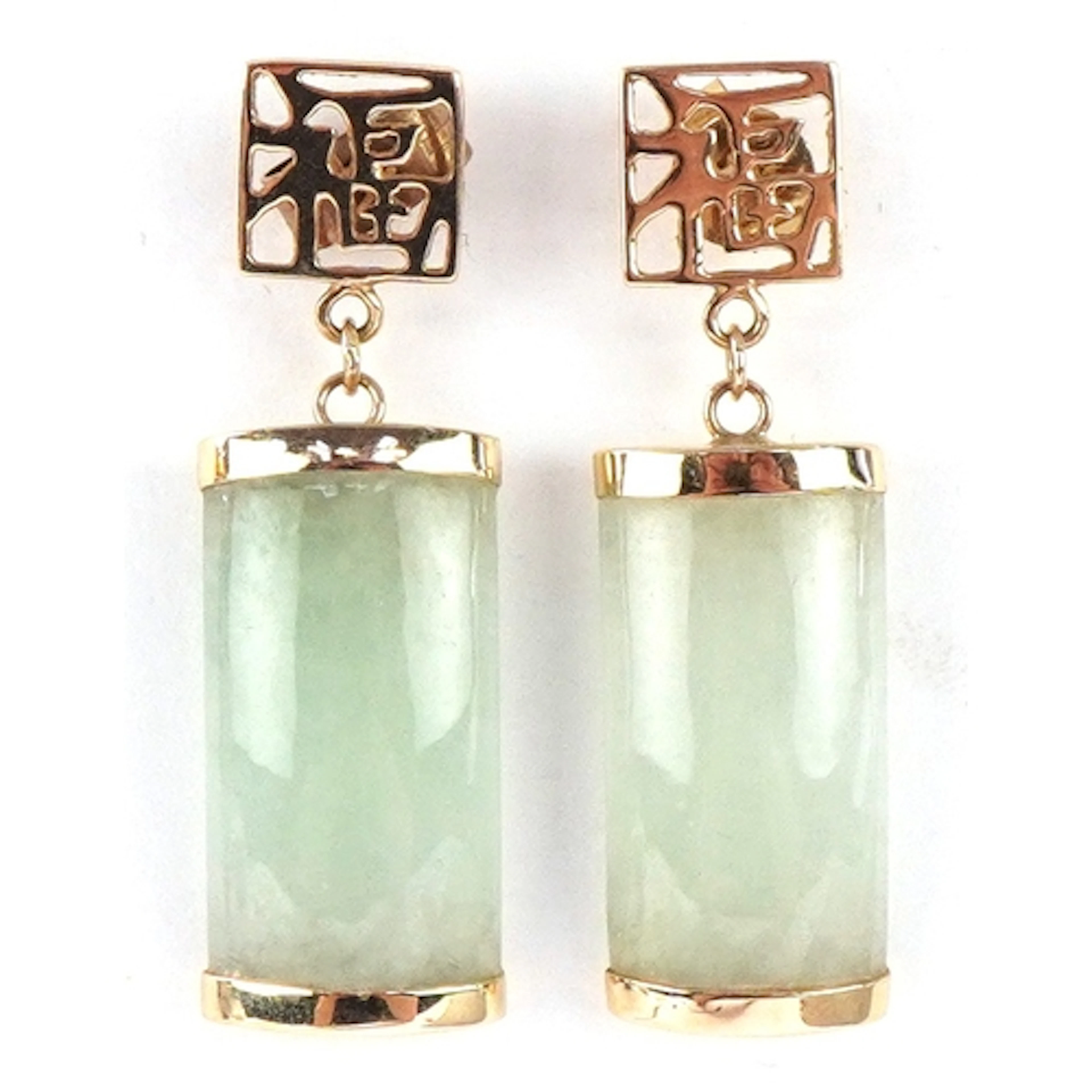 Pair of Chinese 9ct gold green stone drop earrings, tests as...