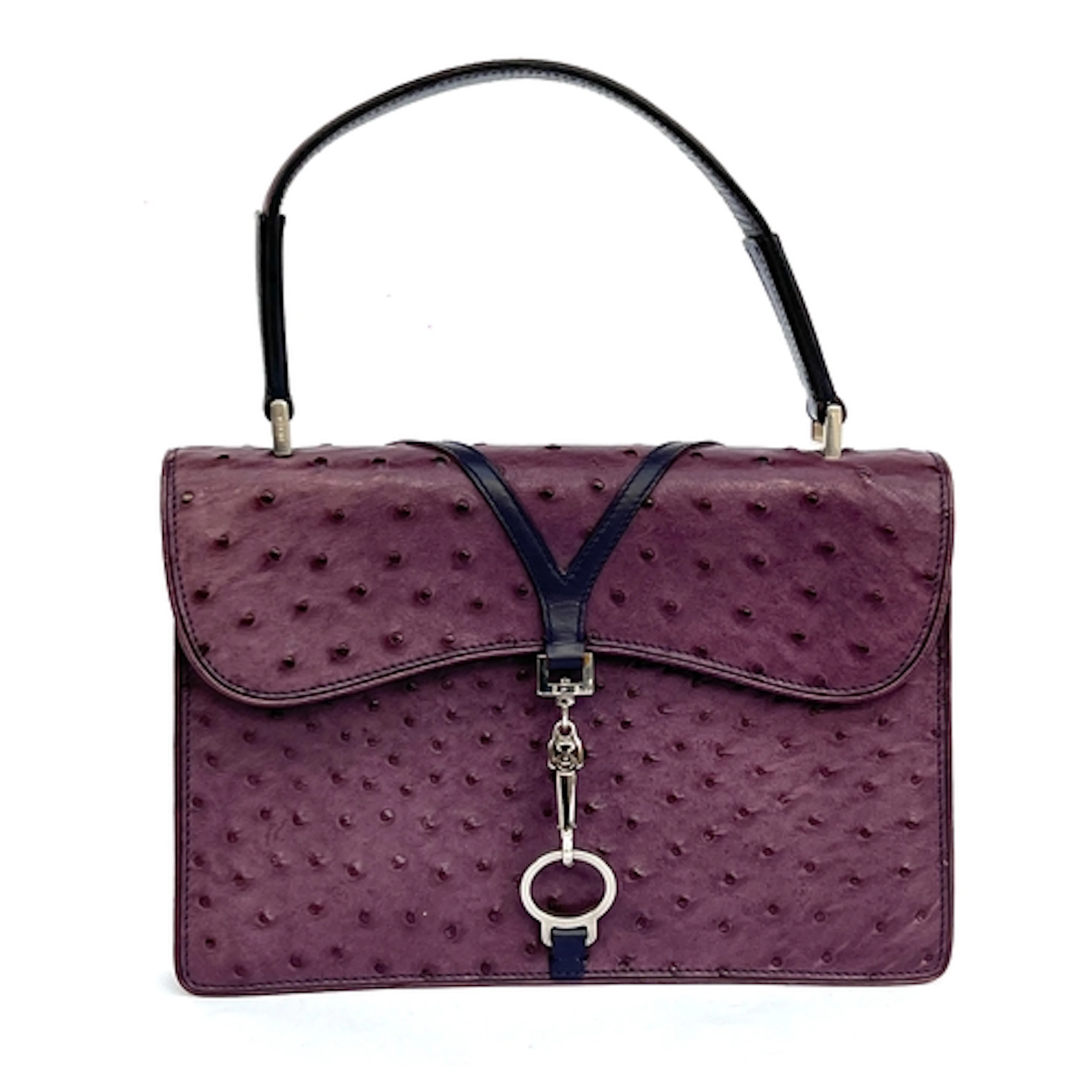 A Prada purple ostrich handbag with silver tone hardware, 26...