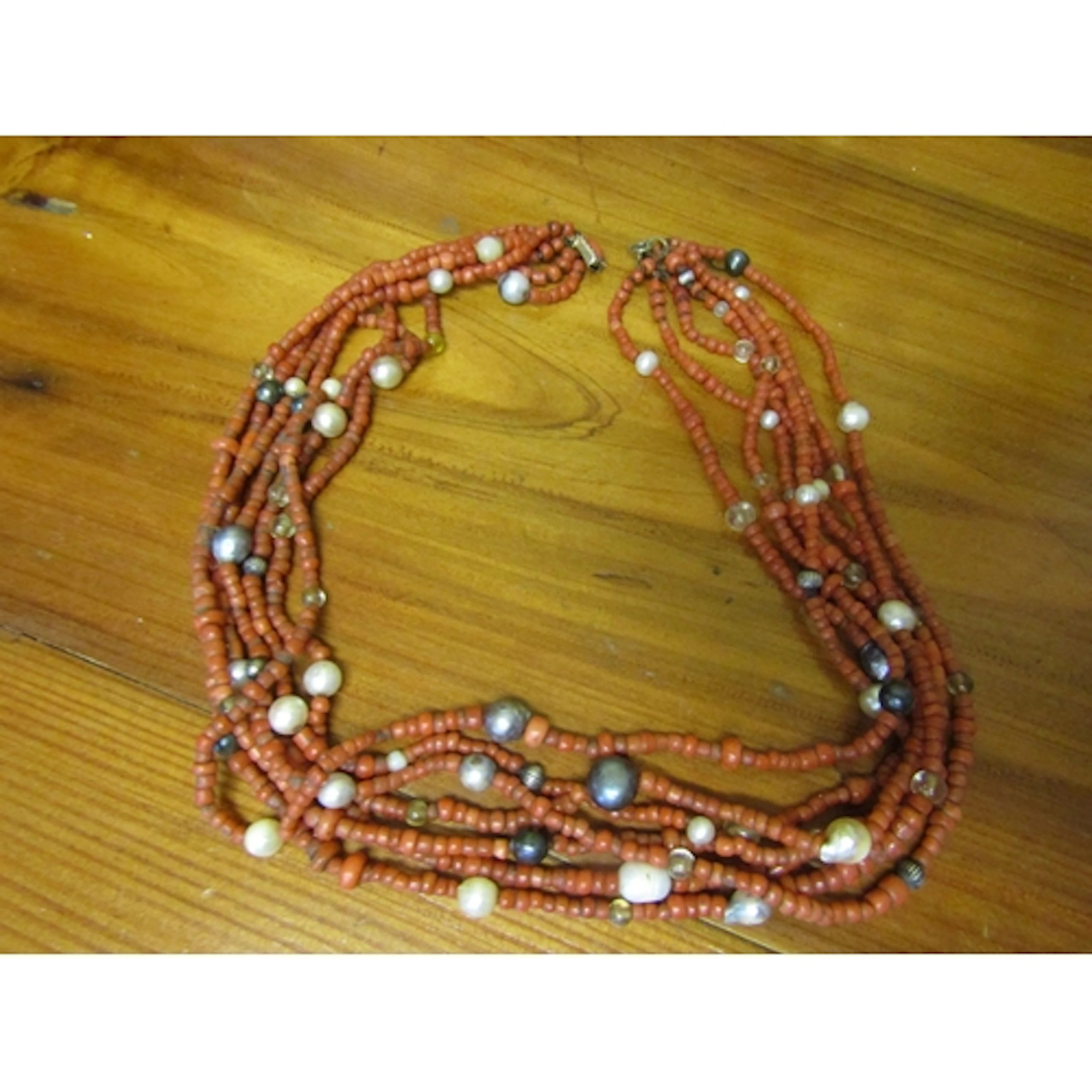 Vintage Coral Multistrand Bead Necklace Decorated with Pearl...