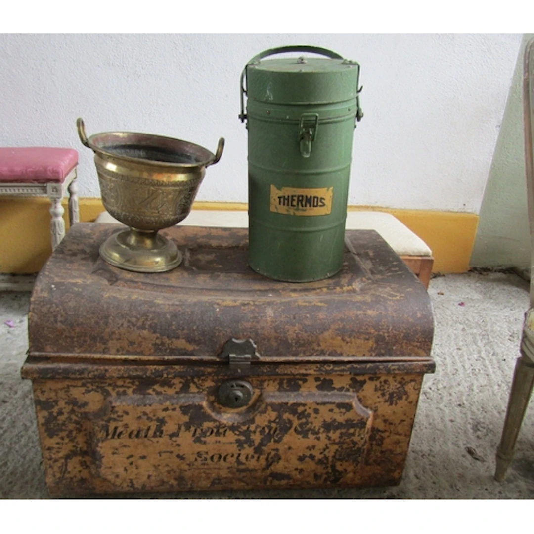 Victorian Tin Trunk and Brass Container with Thermos Flask V...