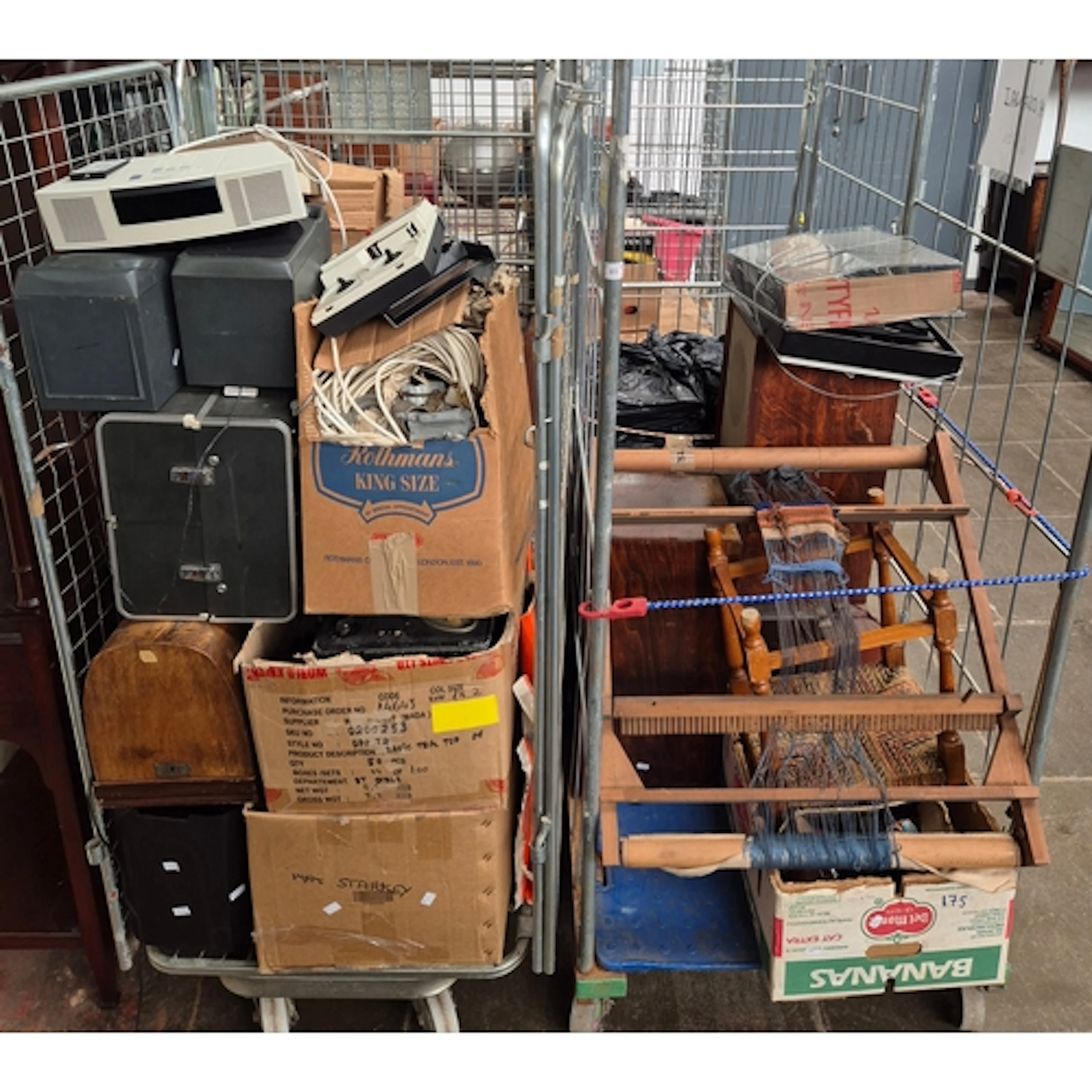 Two cages of assorted items to include Electricals, speakers...