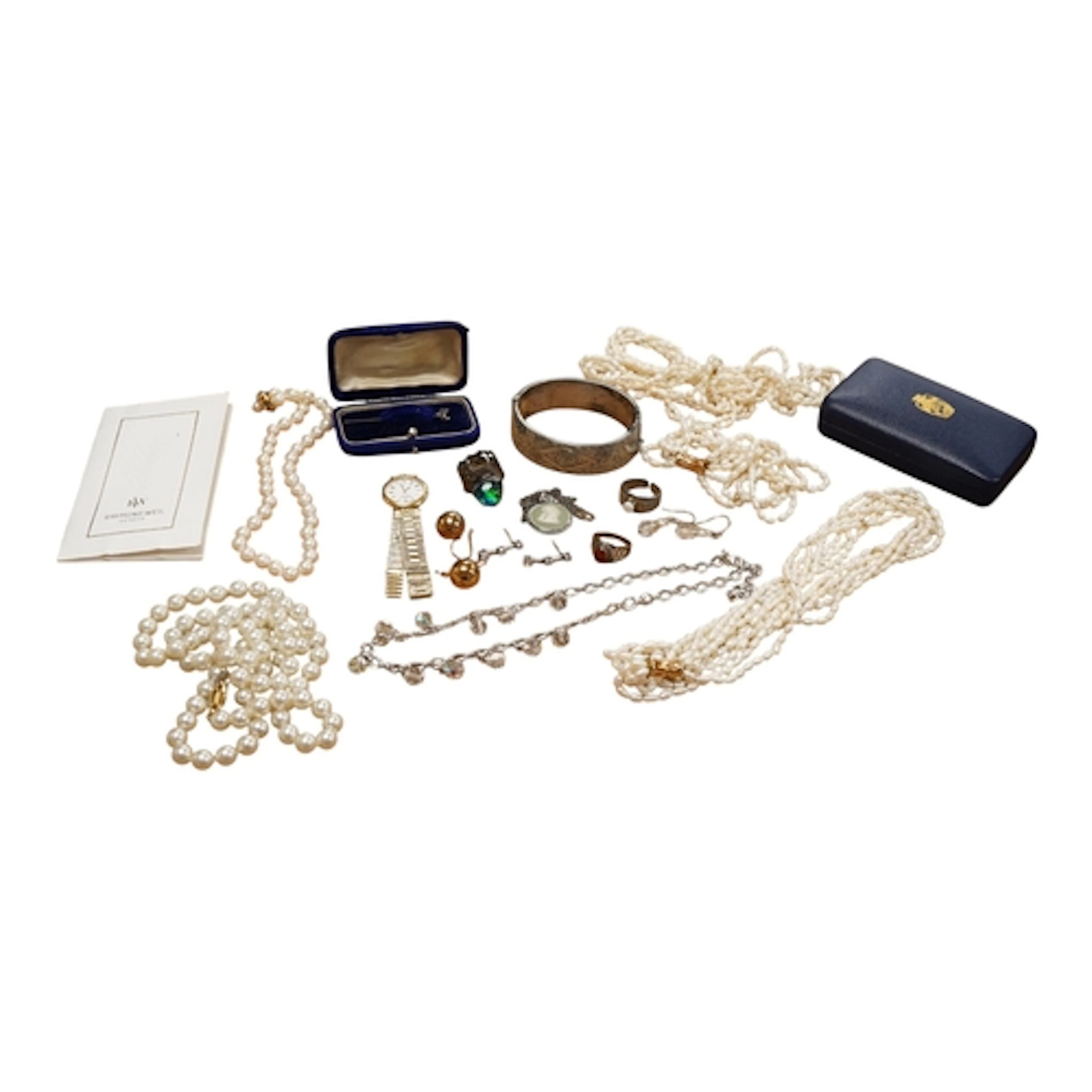 A freshwater pearl necklace, a cultured pearl bracelet with ...