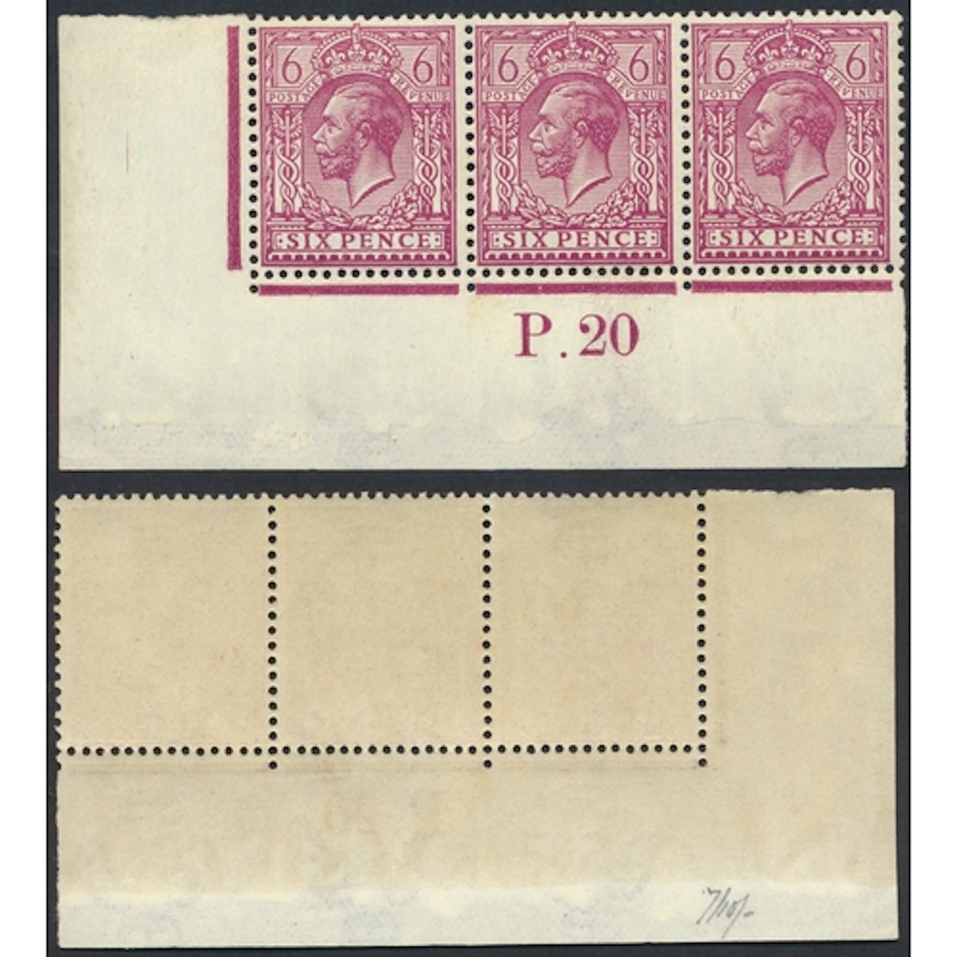 1912-24 6d reddish purple UM, control P.20 strip of (3). wi...