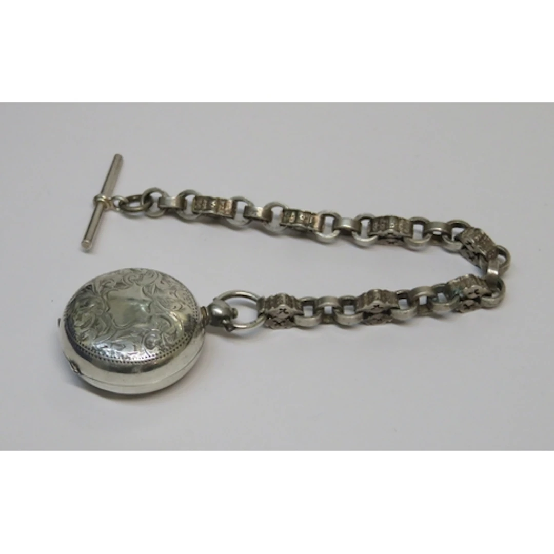 Engraved silver sovereign case, on guard chain, with bar, da...