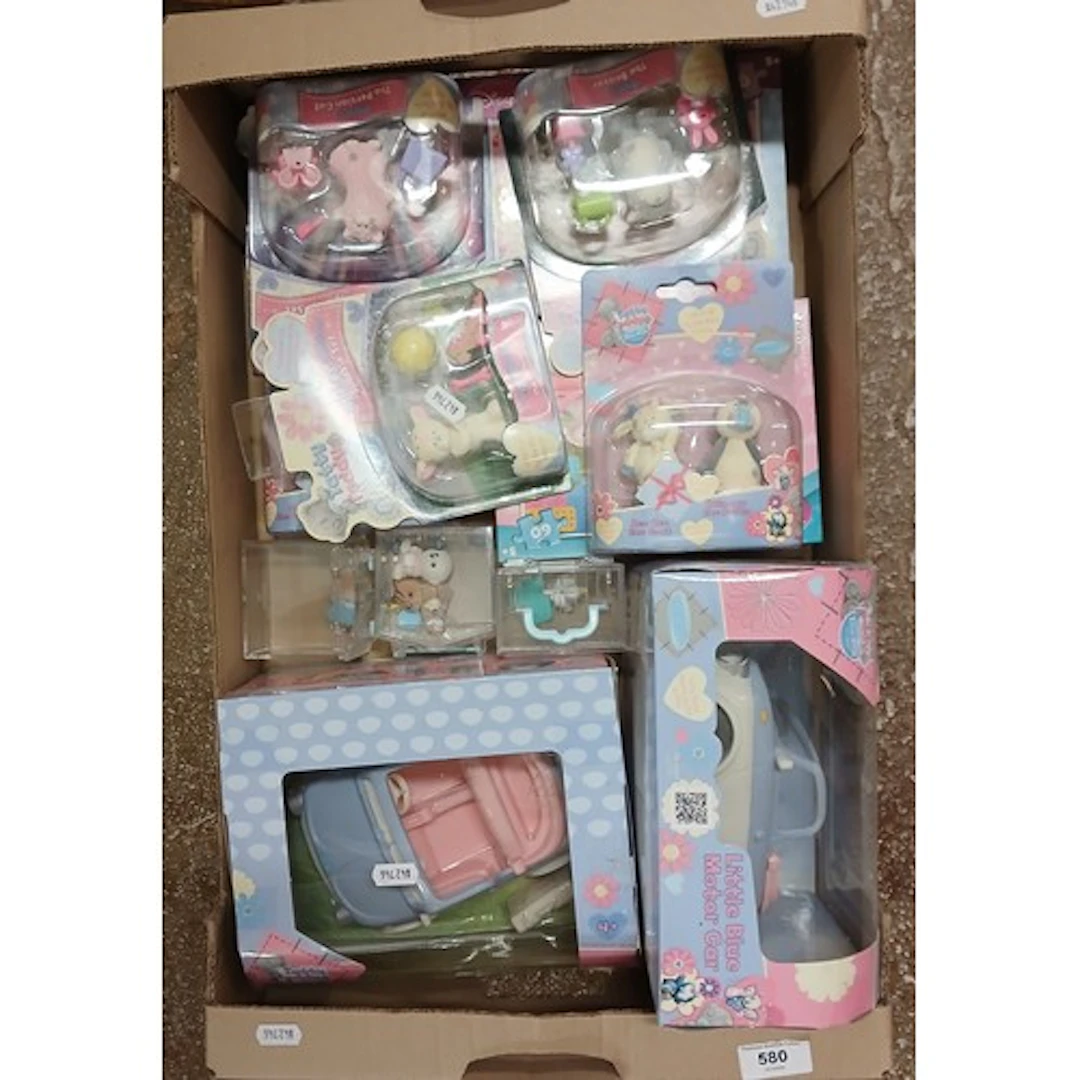 Box of assorted tattie teddy, boxed cars, etc