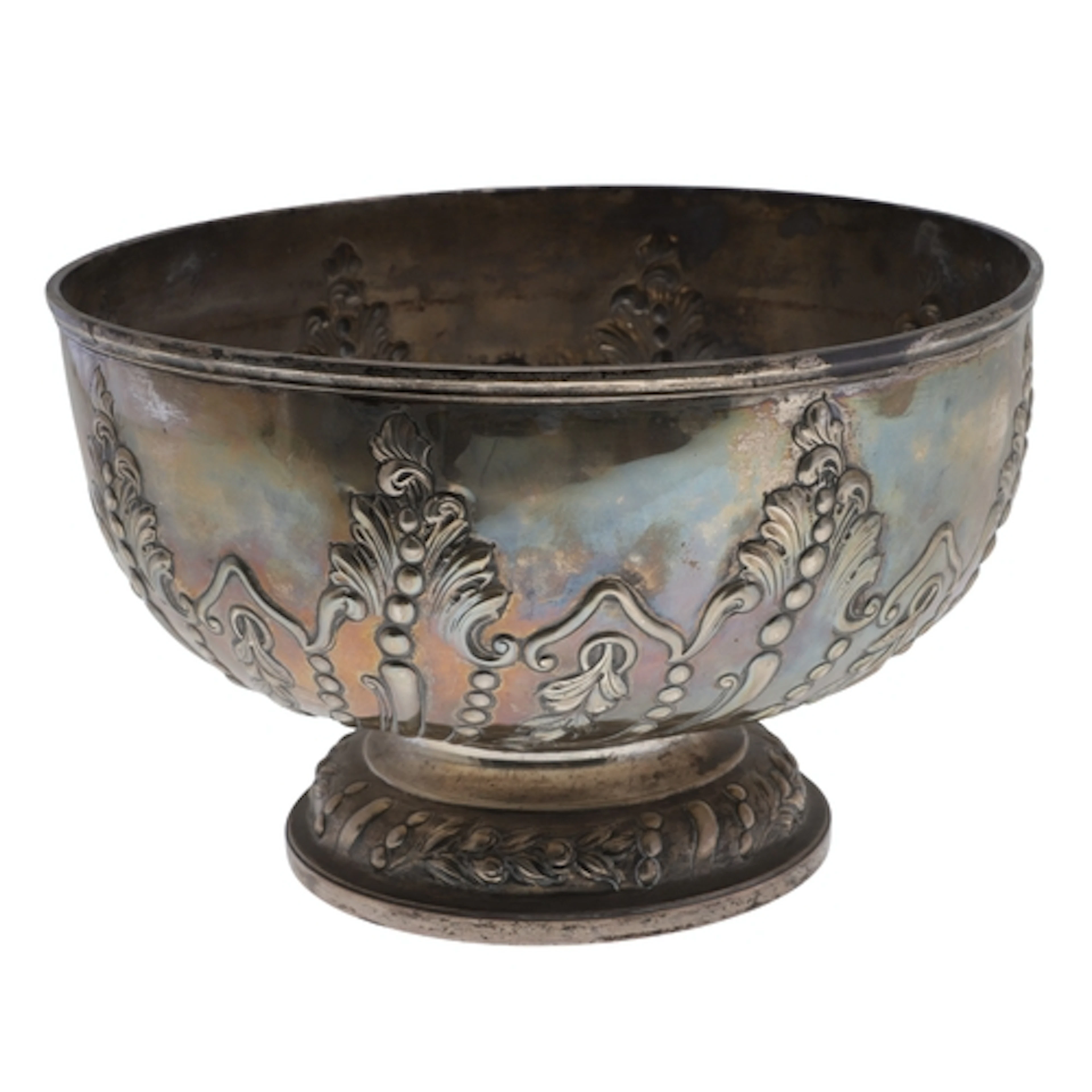 A LARGE LATE VICTORIAN SILVER ROSE BOWL. With repousse folia...