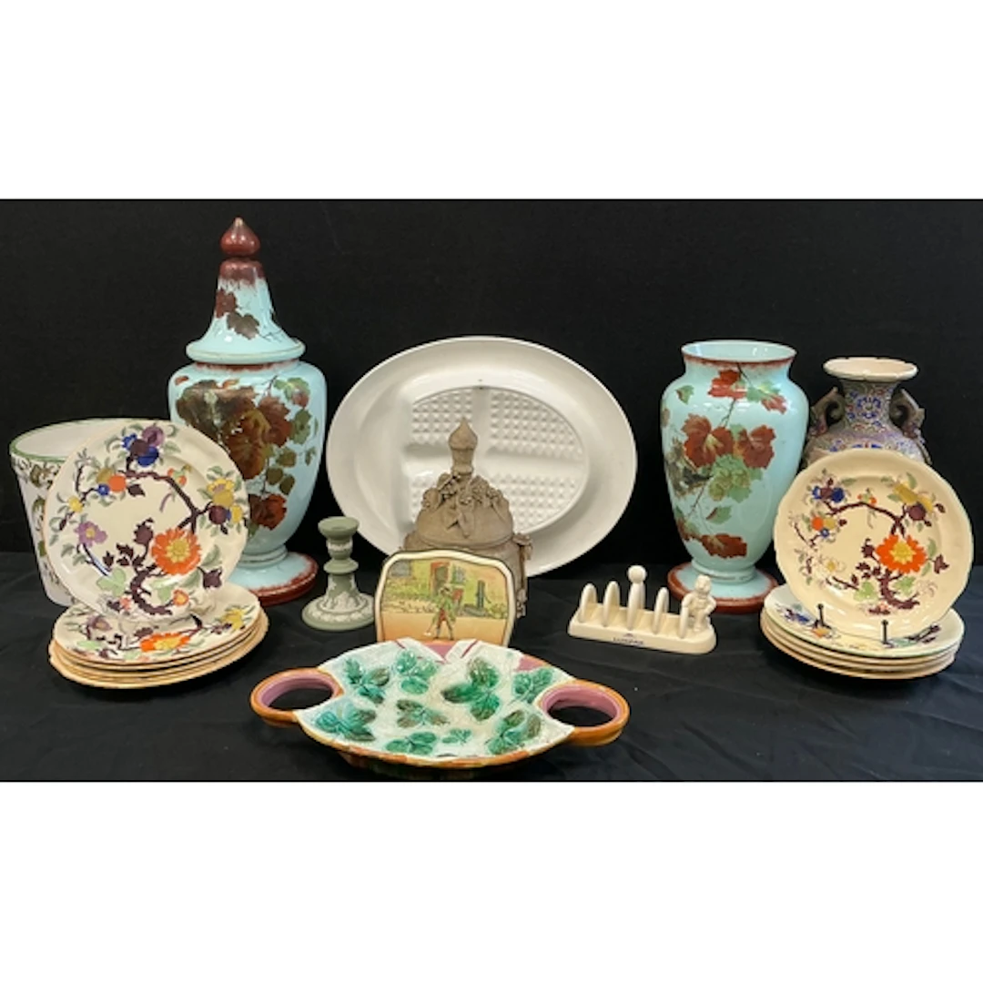 George Jones majolica strawberry server dish decorated in st...