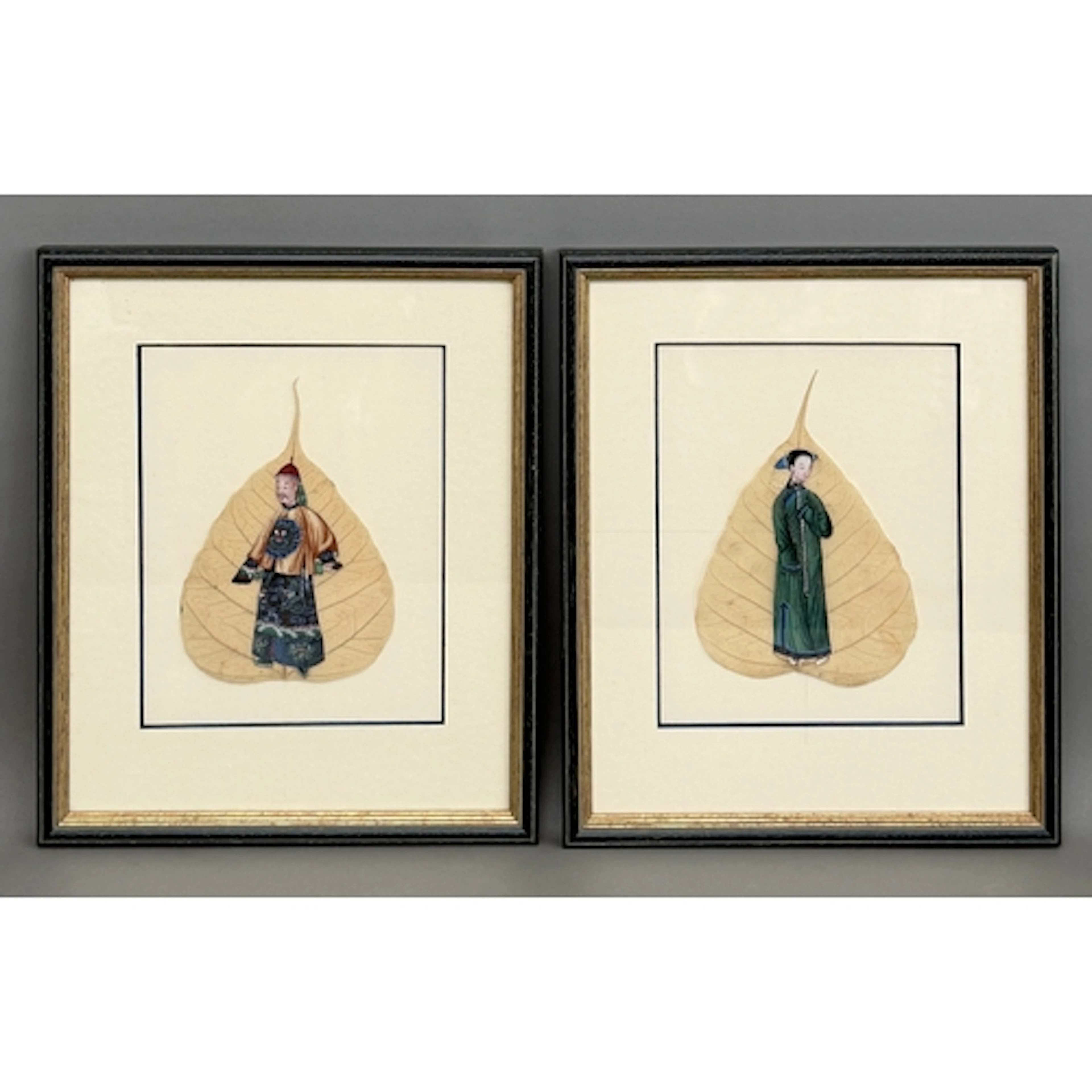 Two Chinese gouache 'leaf' paintings - probably early 20th c...