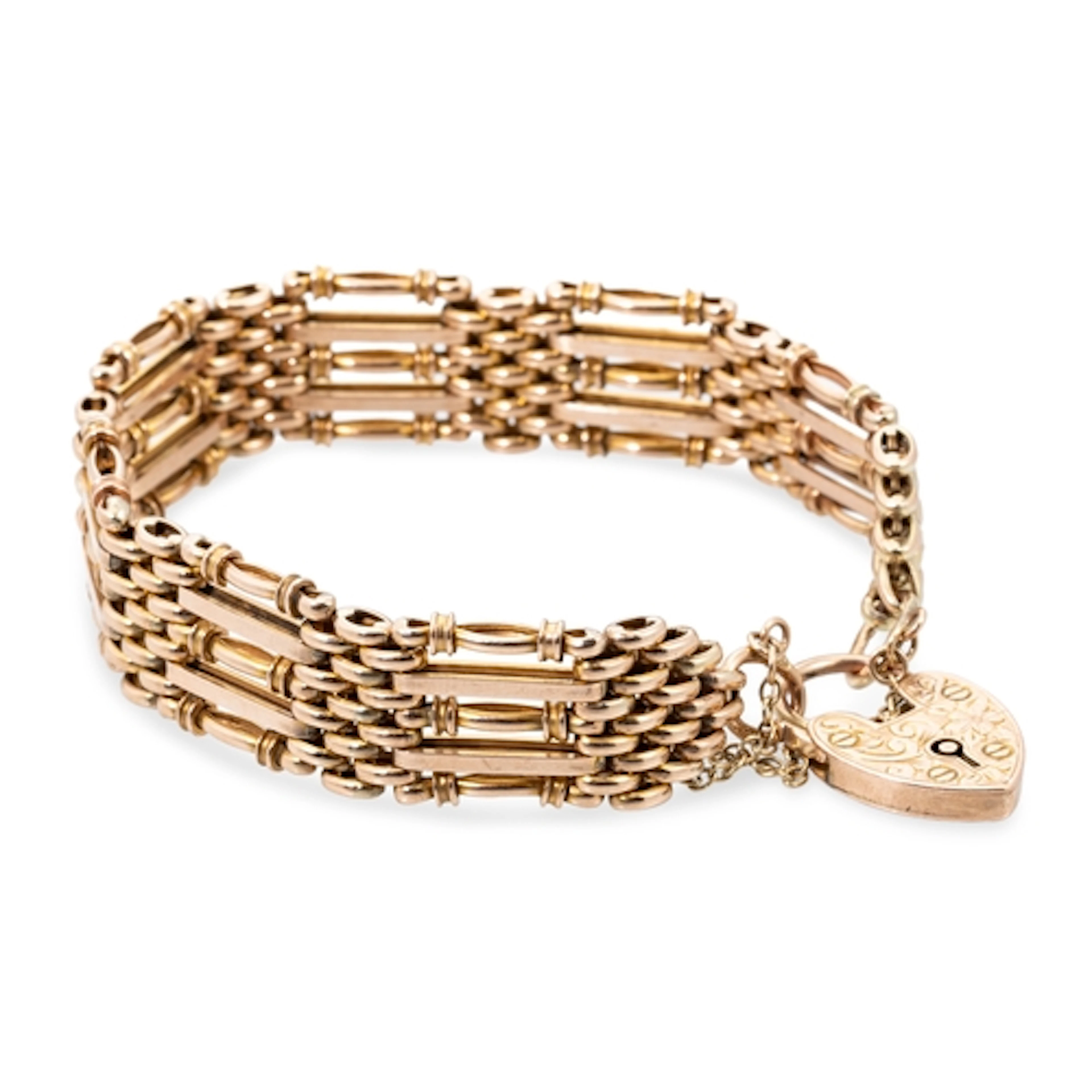 AN ANTIQUE 9CT GOLD GATE BRACELET, with padlock clasp, 20 g.