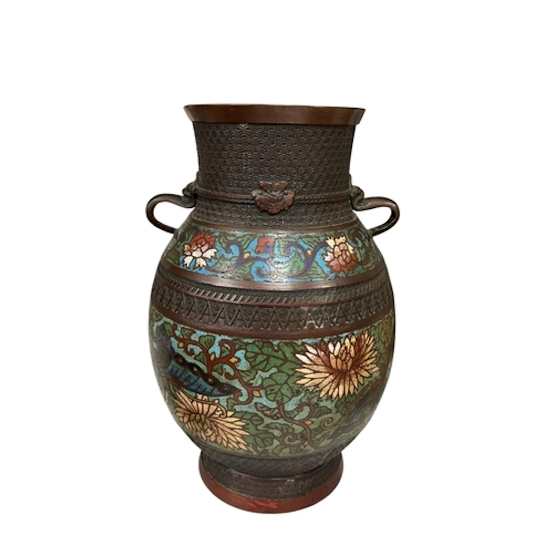 A Japanese bronze and champleve enamel vase, Meiji period, h...