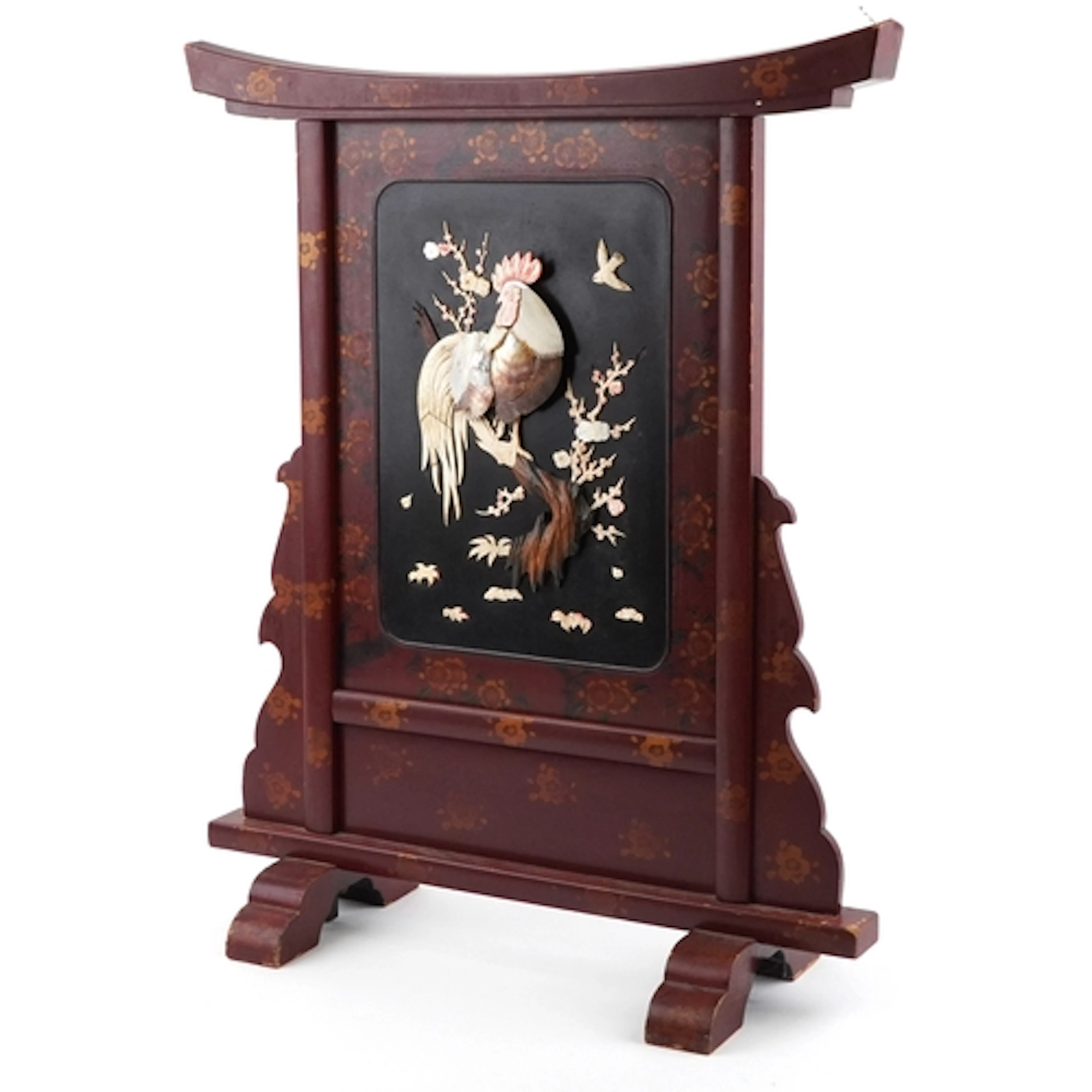 Japanese red lacquered fire screen relief decorated in bone ...