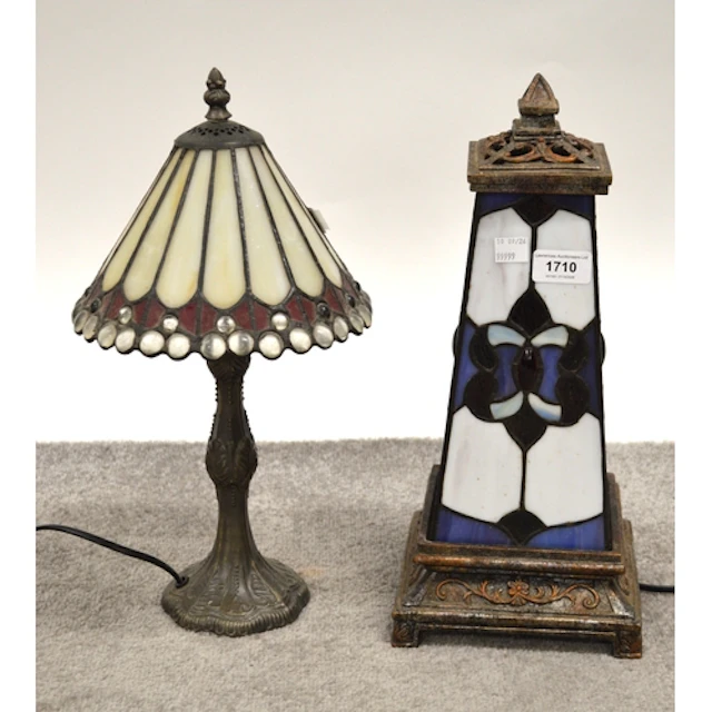 Tiffany style obelisk table lamp, 39cm high, together with a...