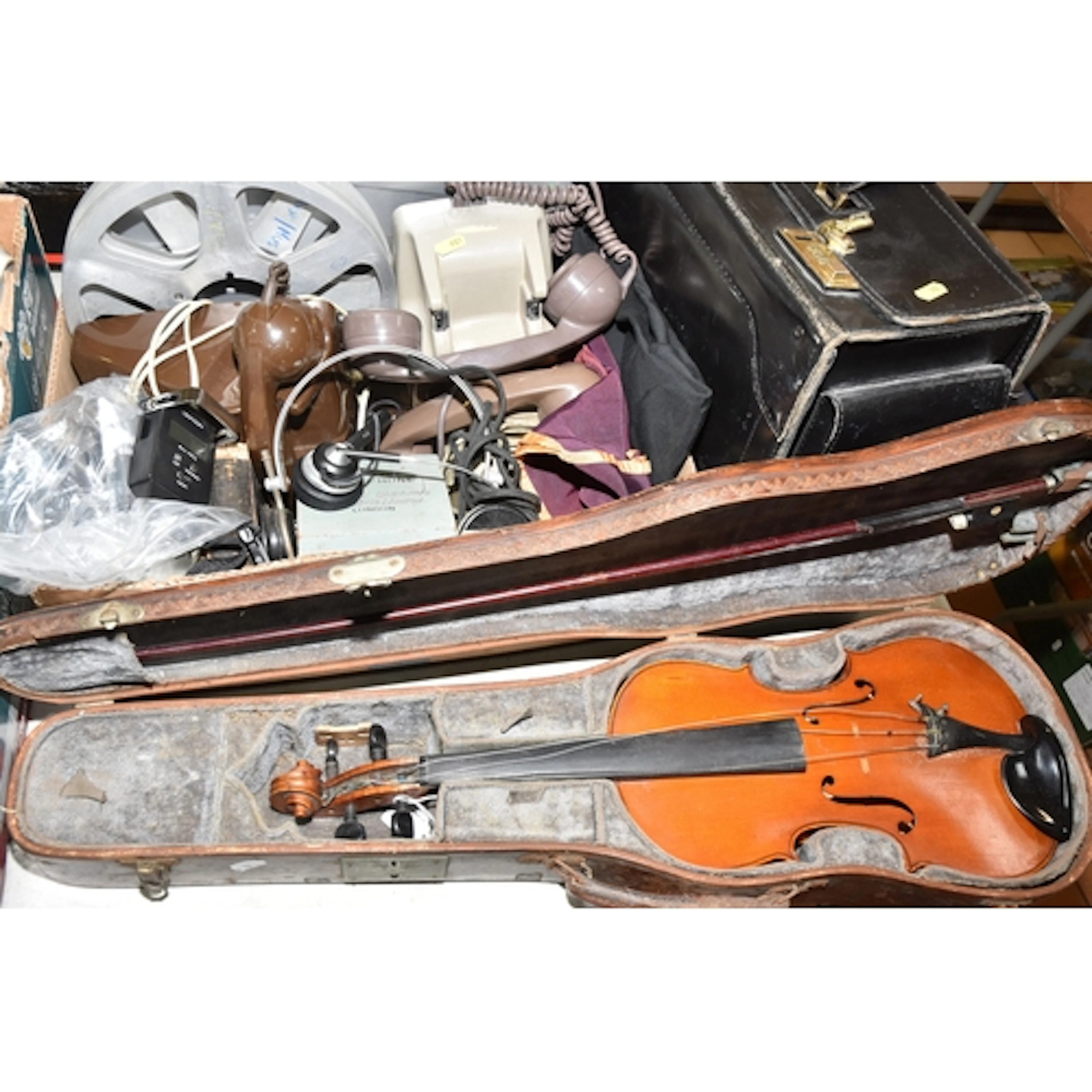ONE BOX OF SUNDRIES, A BUSINESS CASE & A VIOLIN, the box con...