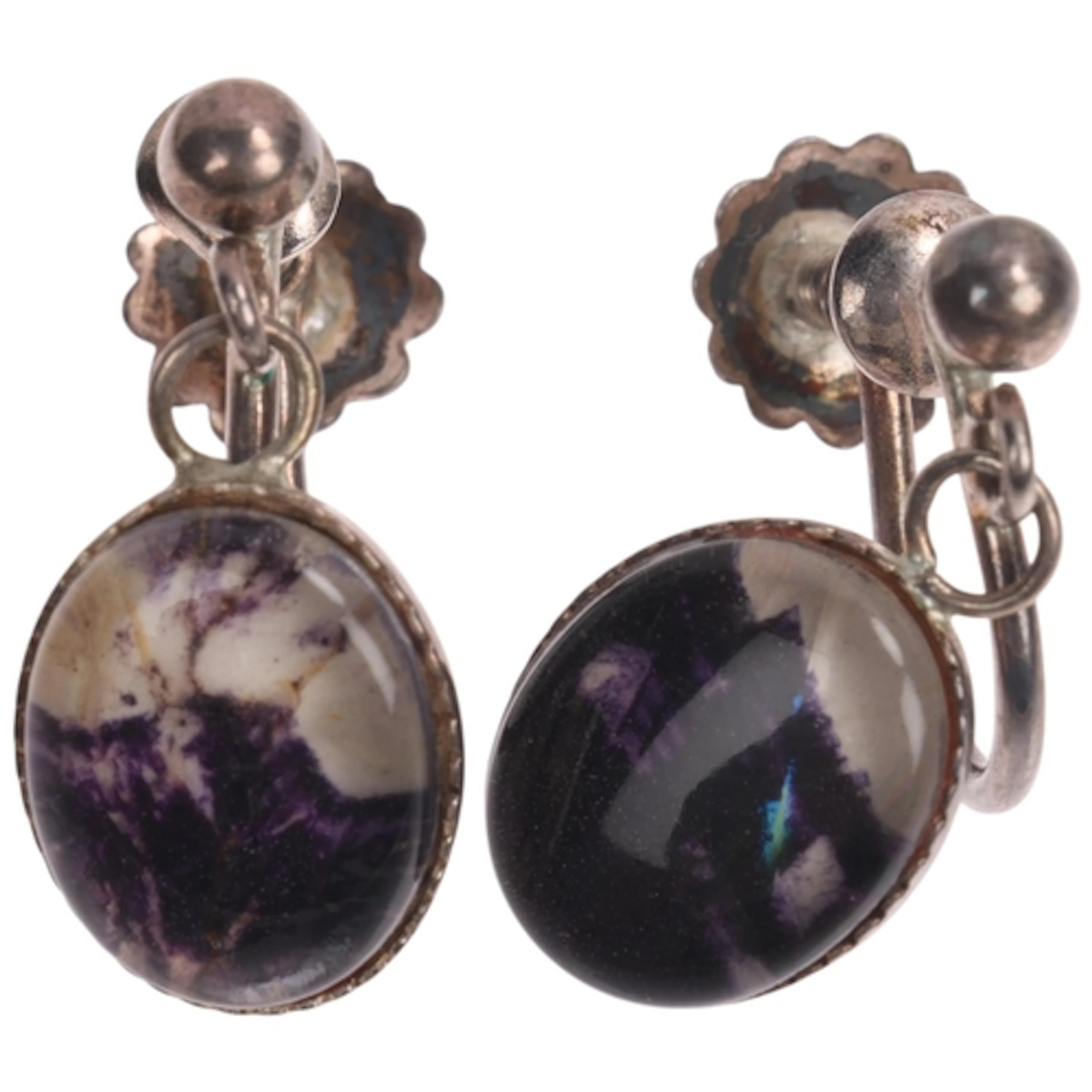A pair of silver Blue John drop earrings, with screw-back fi...