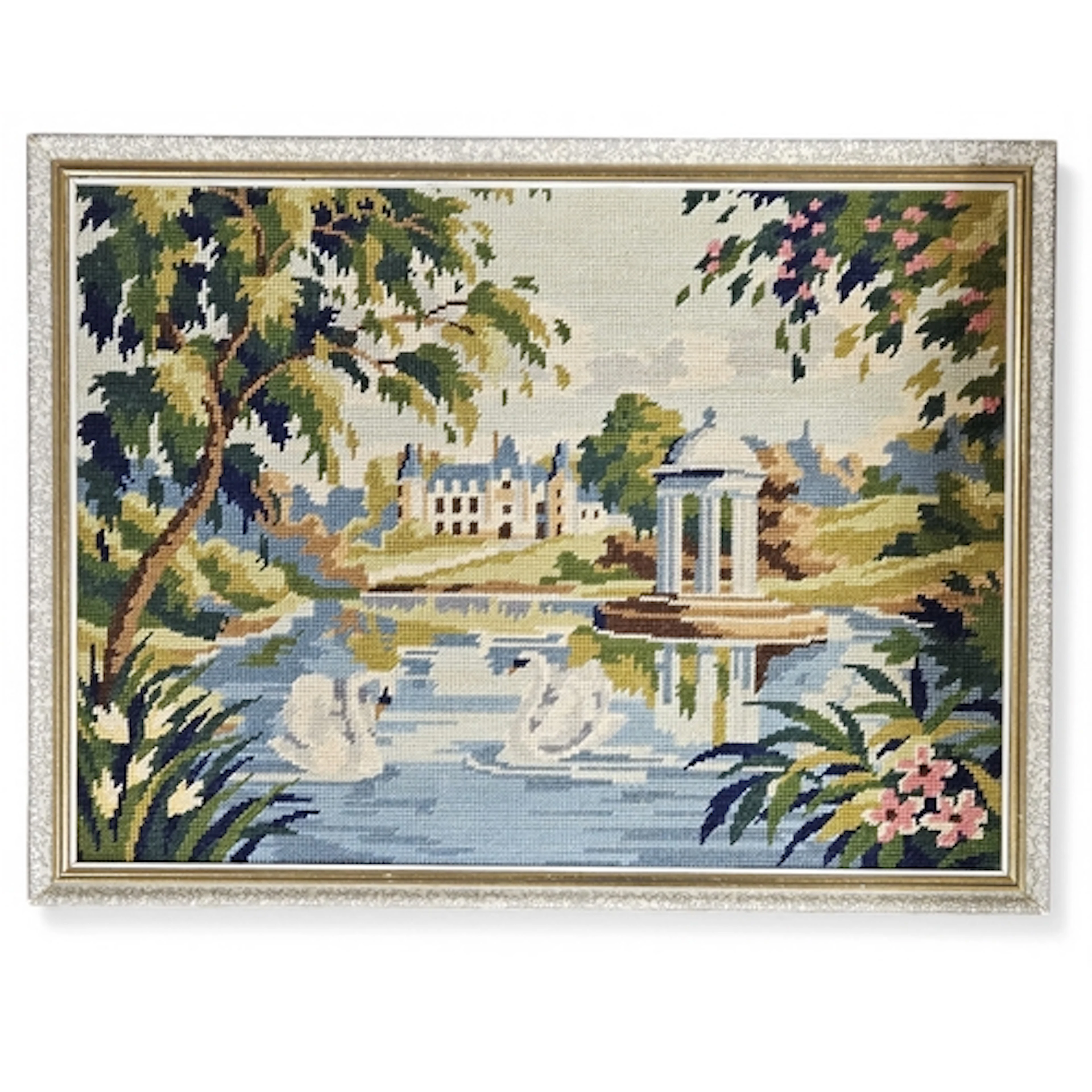 A framed Tapestry Panel of Swans on a Lake in front of a Per...