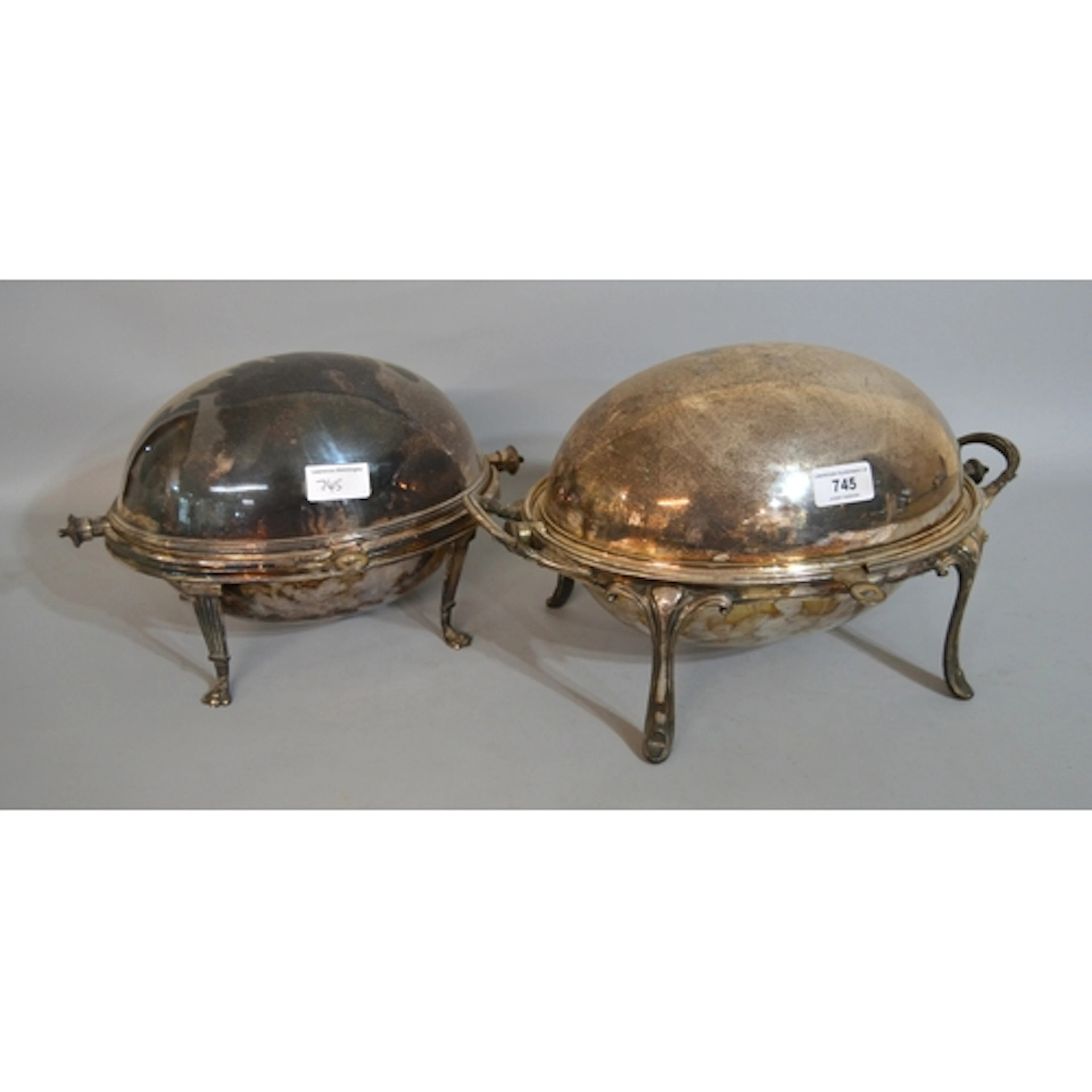Two silver plated roll-over bacon dishes