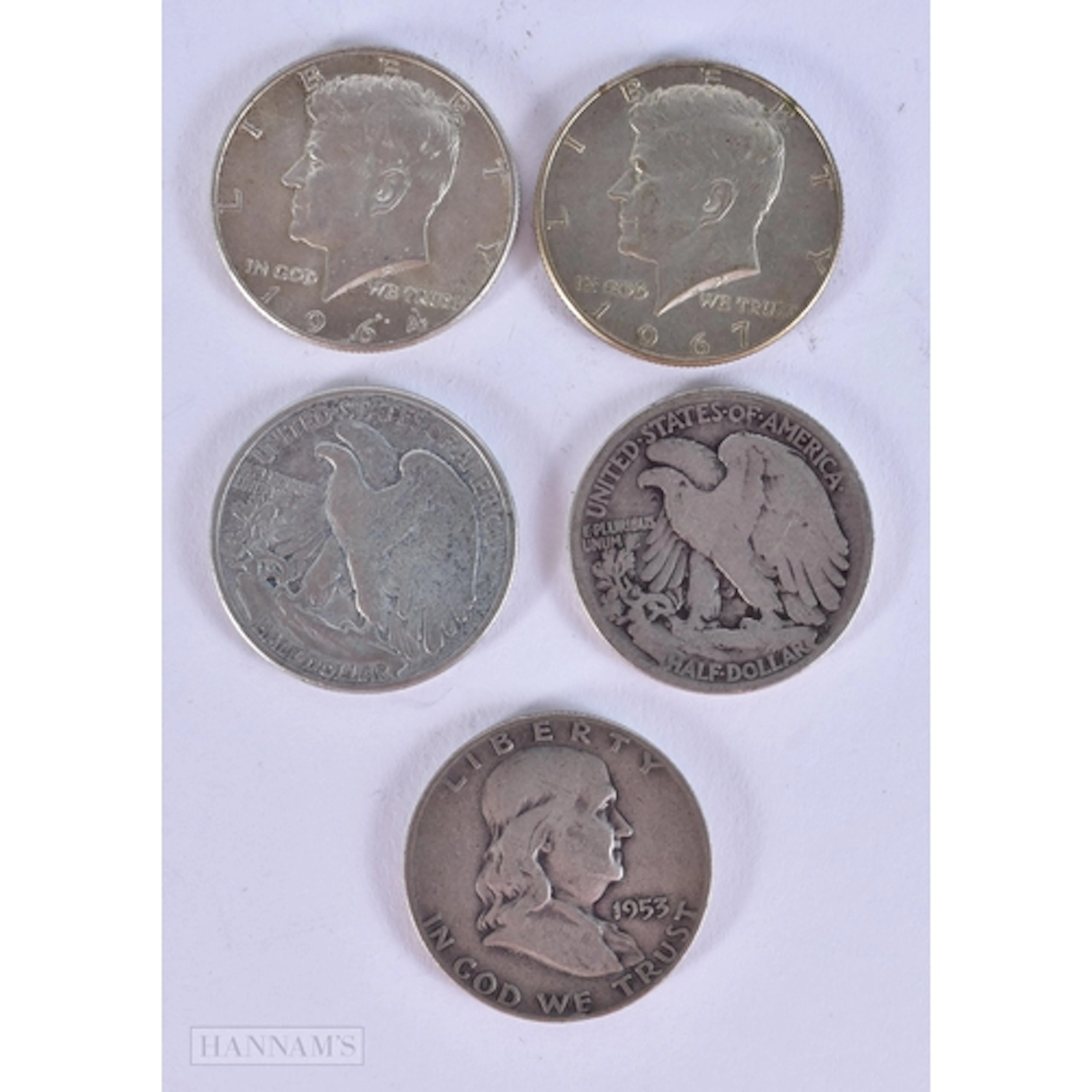 Five American Half Dollar coins (1 Franklin, 3.1cm diameter,...