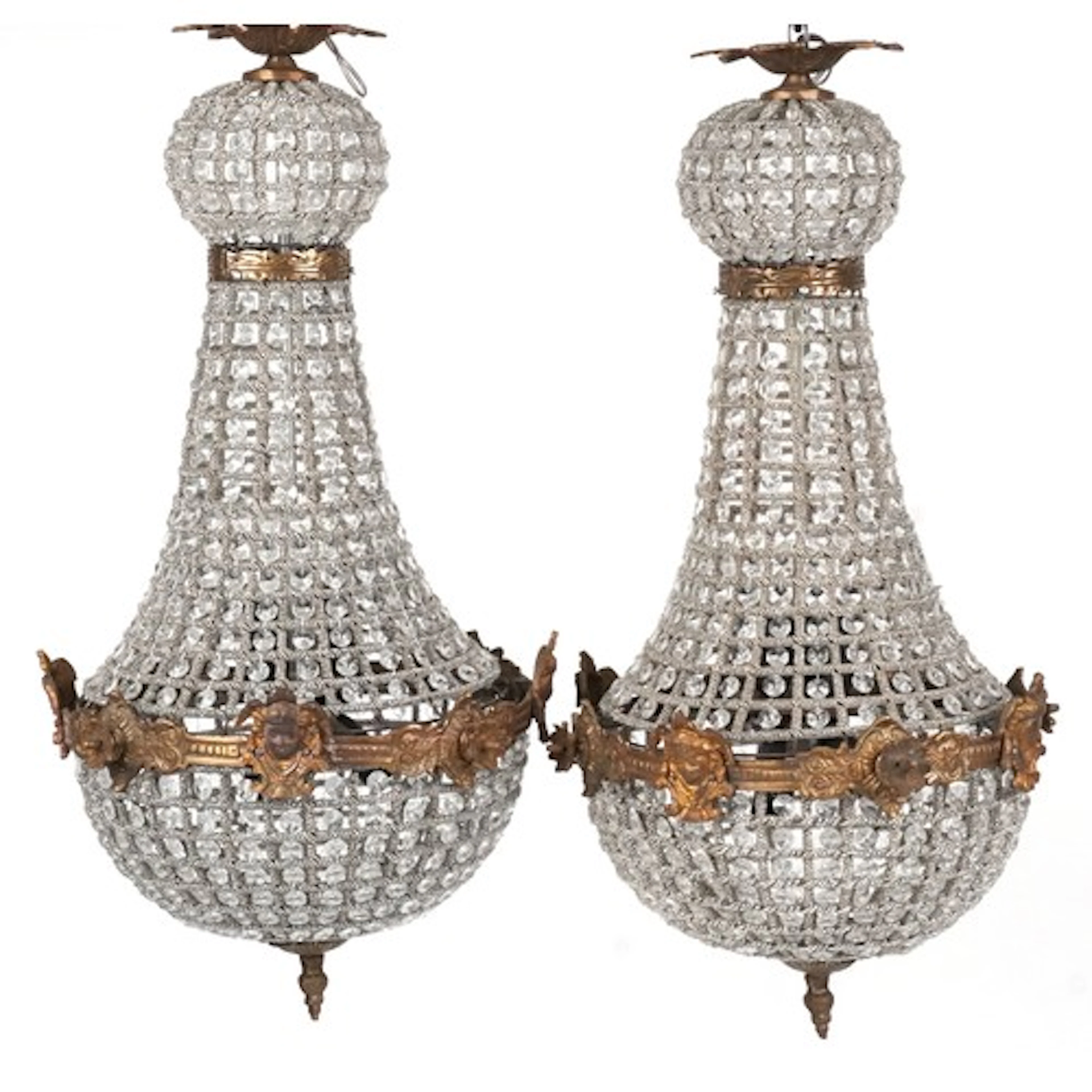Pair of ornate chandeliers with gilt brass mounts, each, 69c...