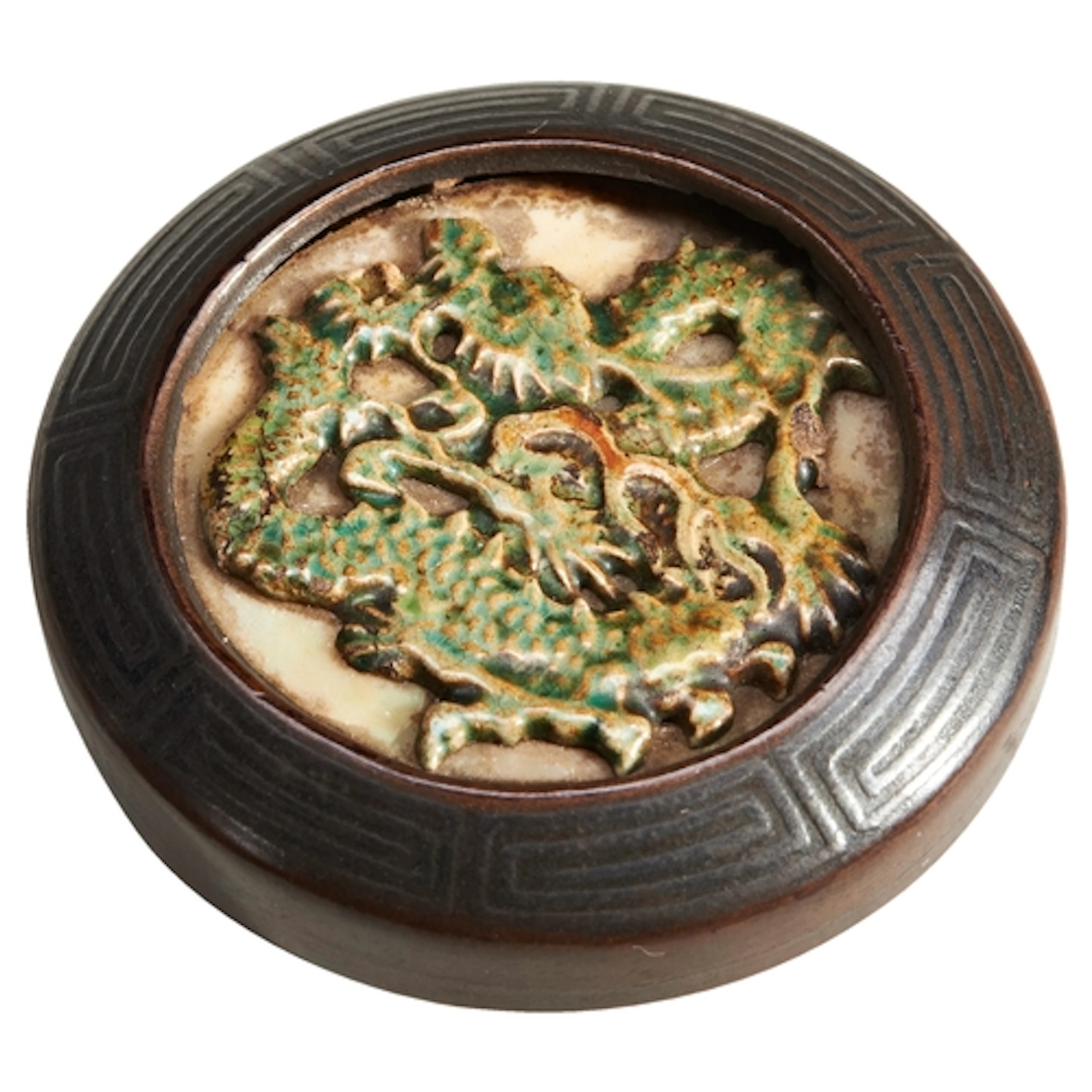 A JAPANESE LACQUERED WOOD MANJU 19TH CENTURY the porcelain i...