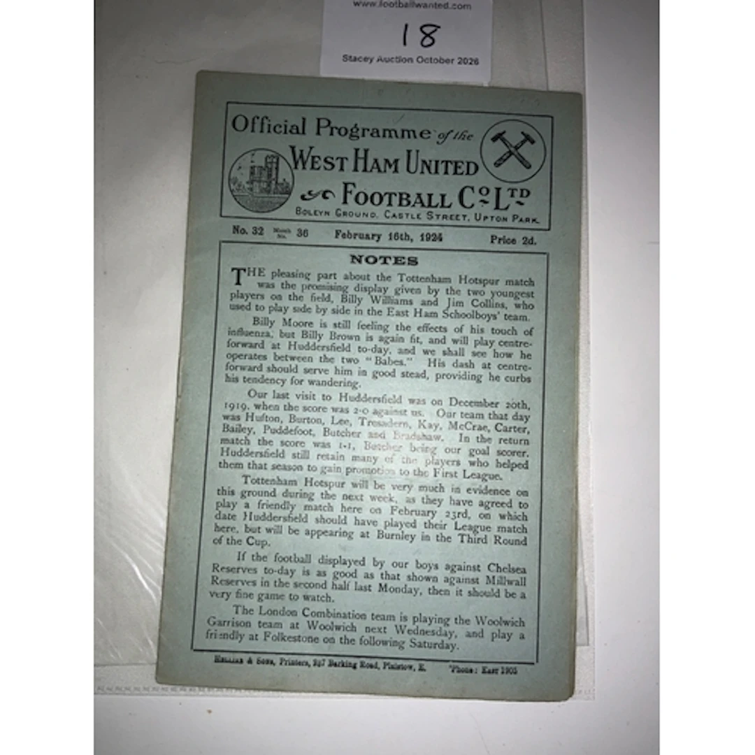 1923 - 1924 West Ham v Chelsea Reserves Football Programme: ...