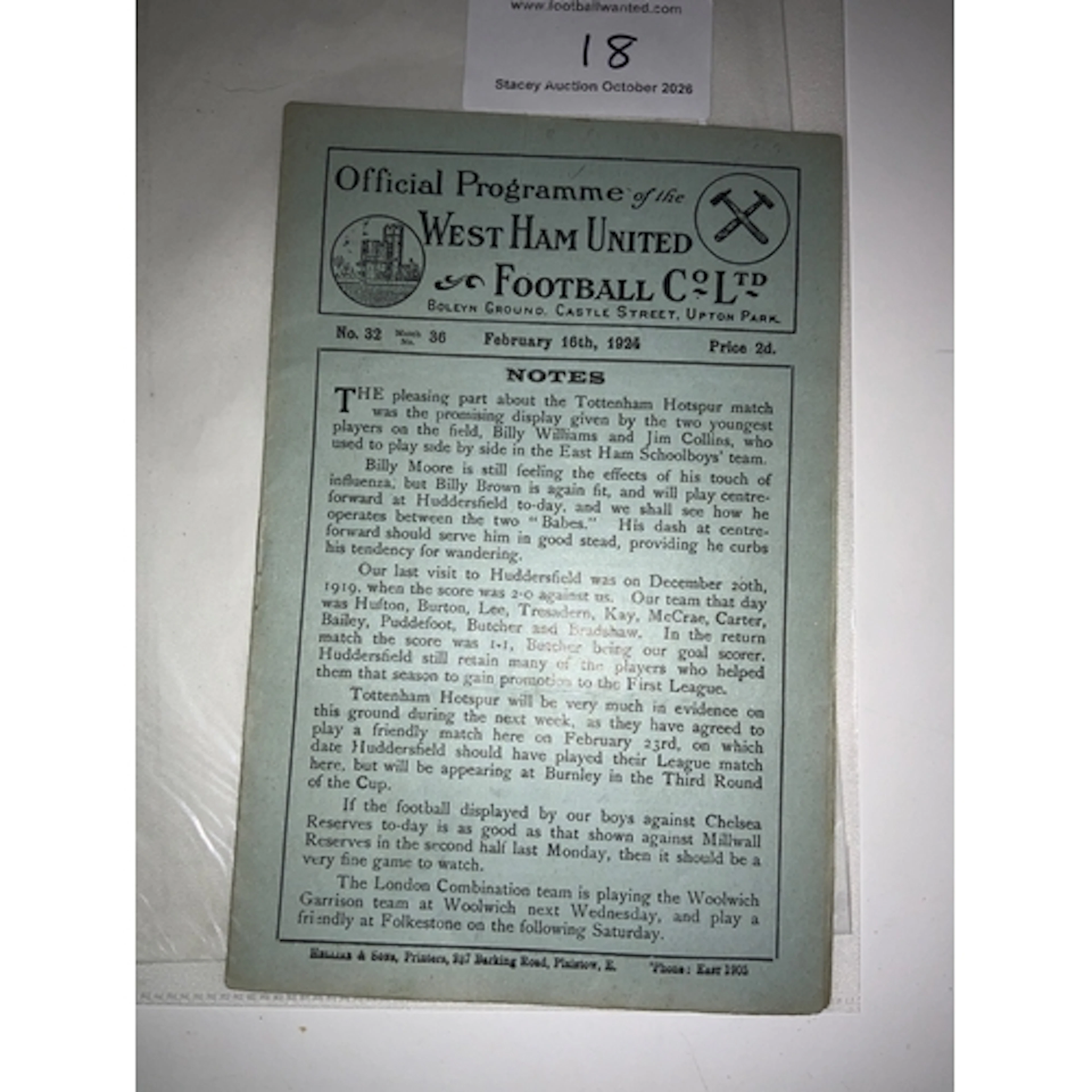 1923 - 1924 West Ham v Chelsea Reserves Football Programme: ...