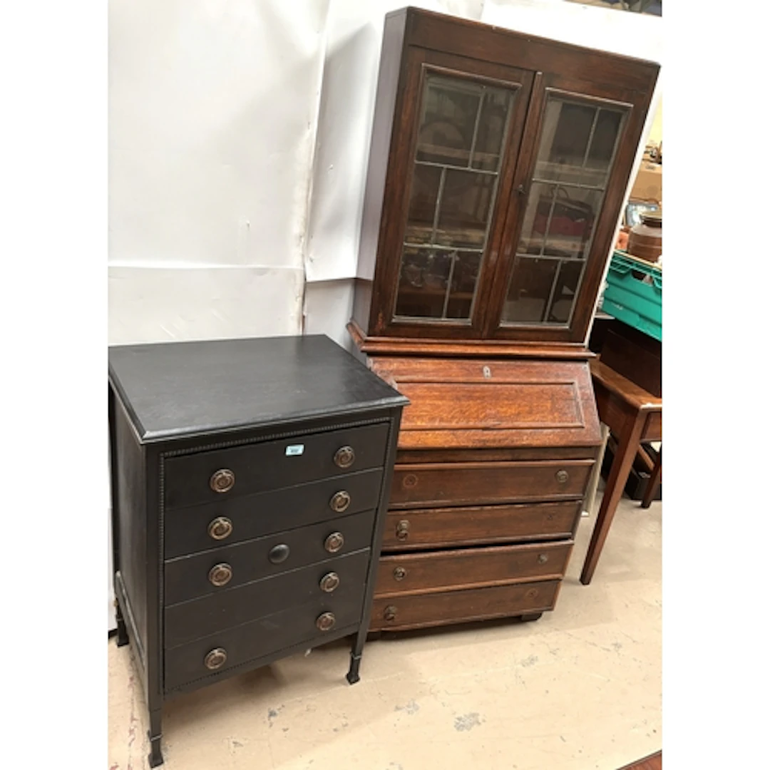 An oak bureau bookcase and a petite painted five-drawer ches...
