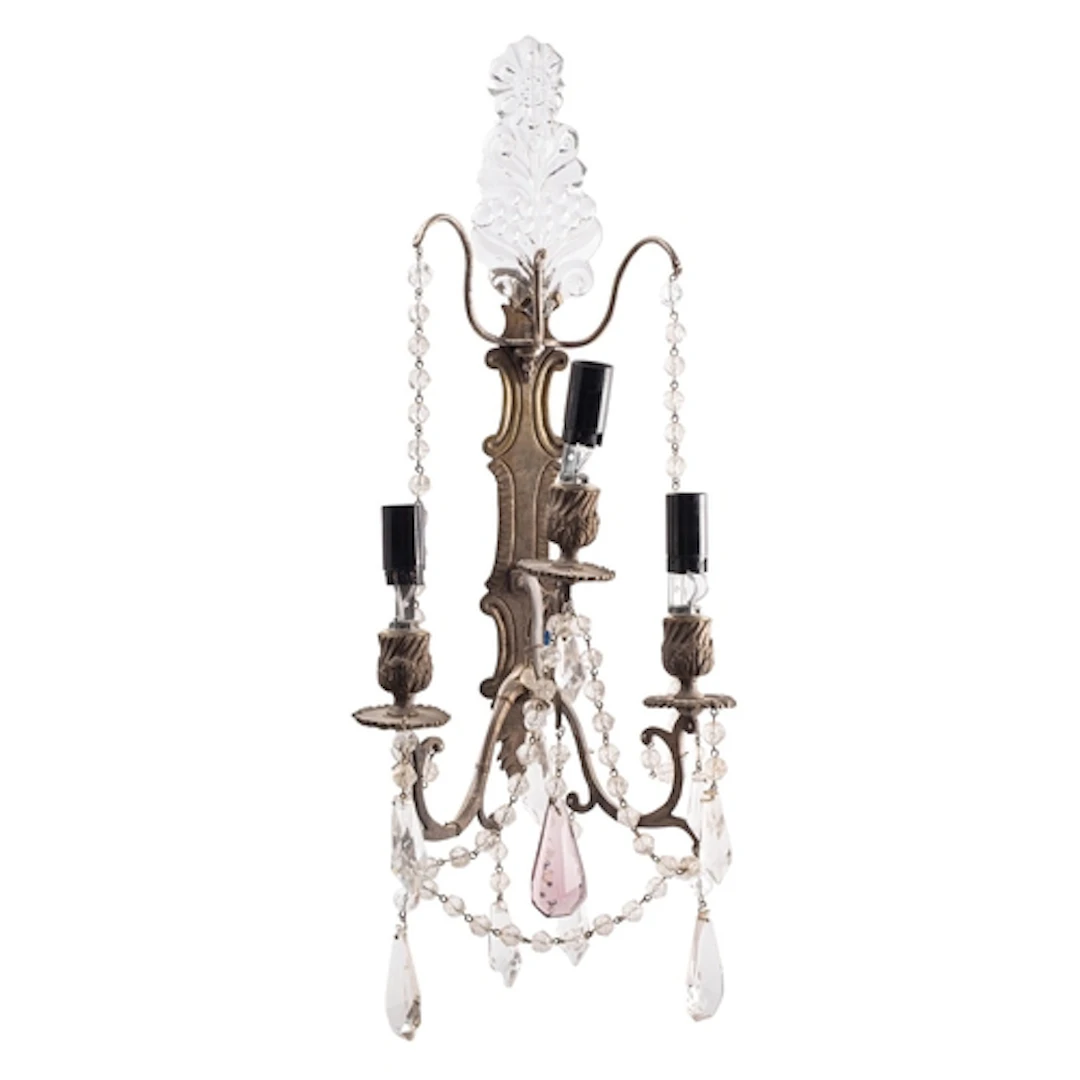A pair of silvered metal and glass hung three-light wall app...