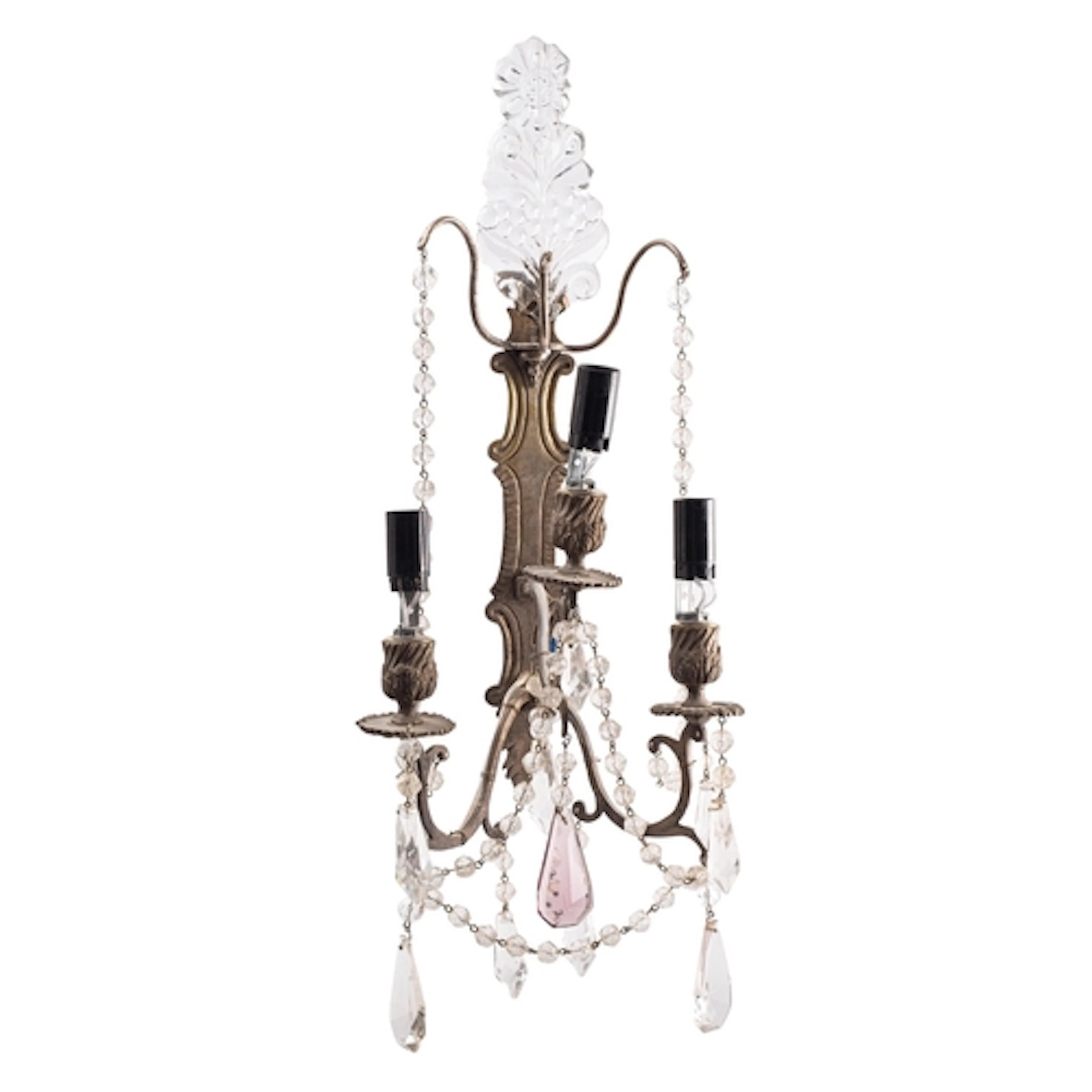 A pair of silvered metal and glass hung three-light wall app...