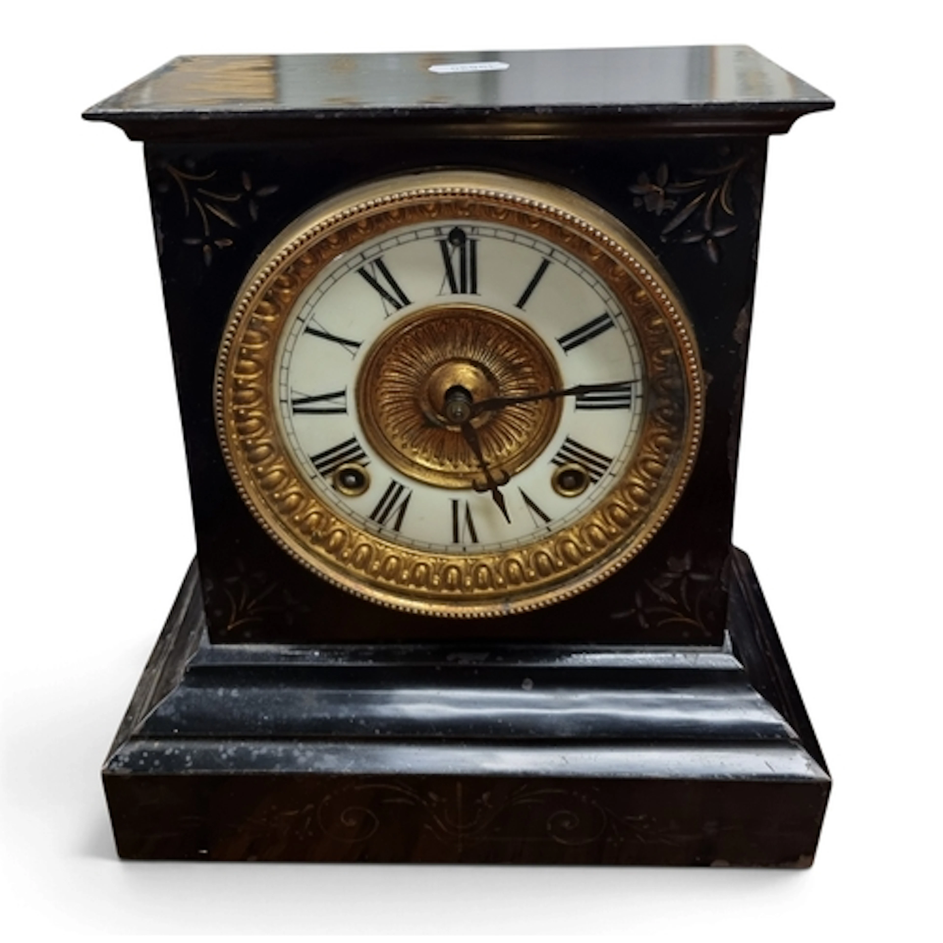 A 19th Century Black Slate Mantel Clock with a white dial an...