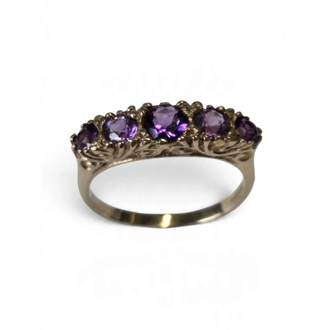 A superb antique 9-carat gold five-stone amethyst ring, set ...