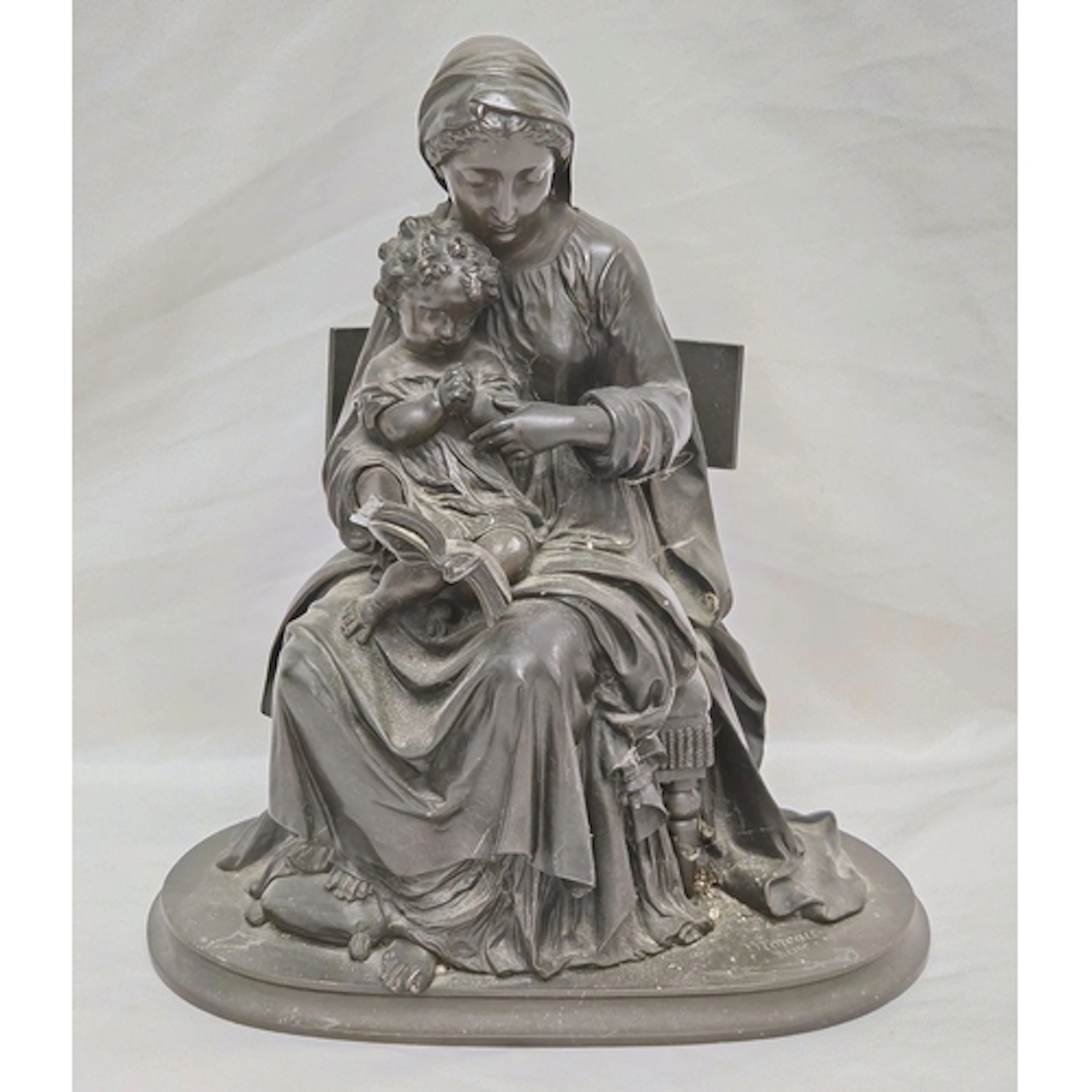 Large Bronze Sculpture seated mother & child reading signed ...