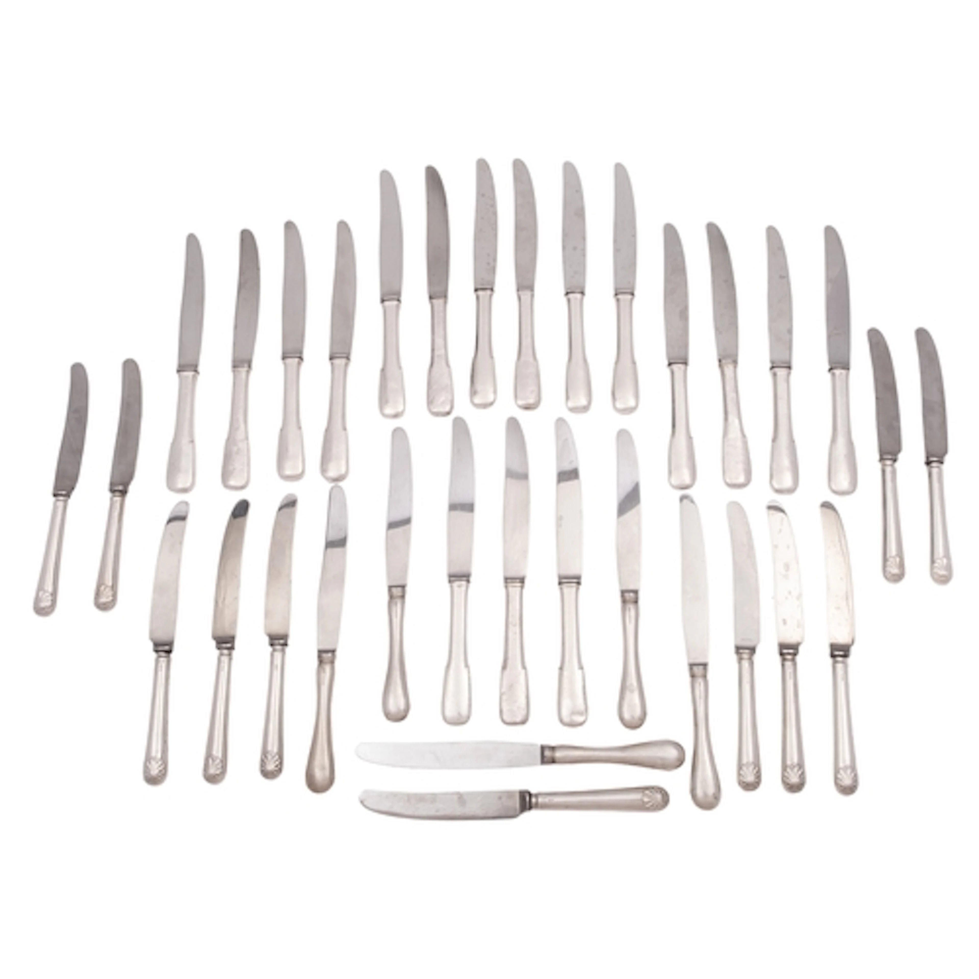 A George VI set of nine silver handled side knives, In Old E...