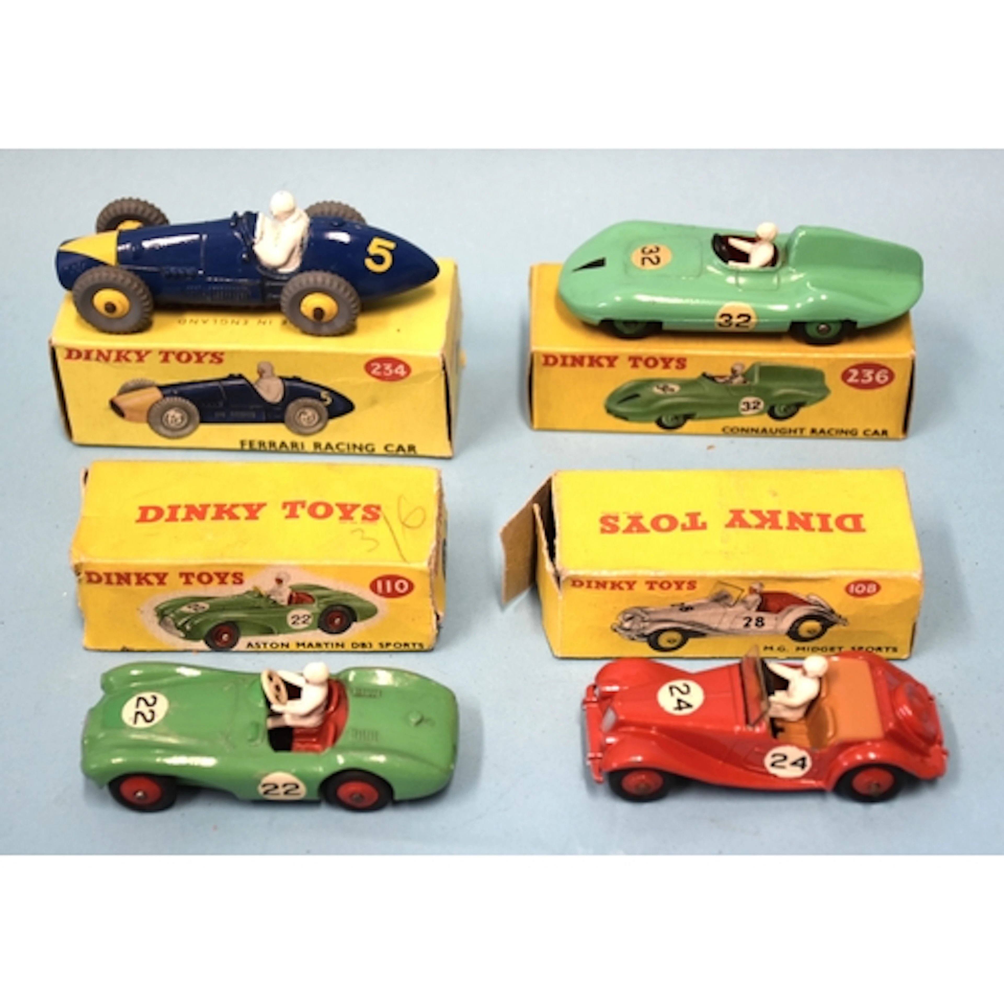 Dinky Toys, four boxed racing cars: 108 MG Midget Sports, 11...