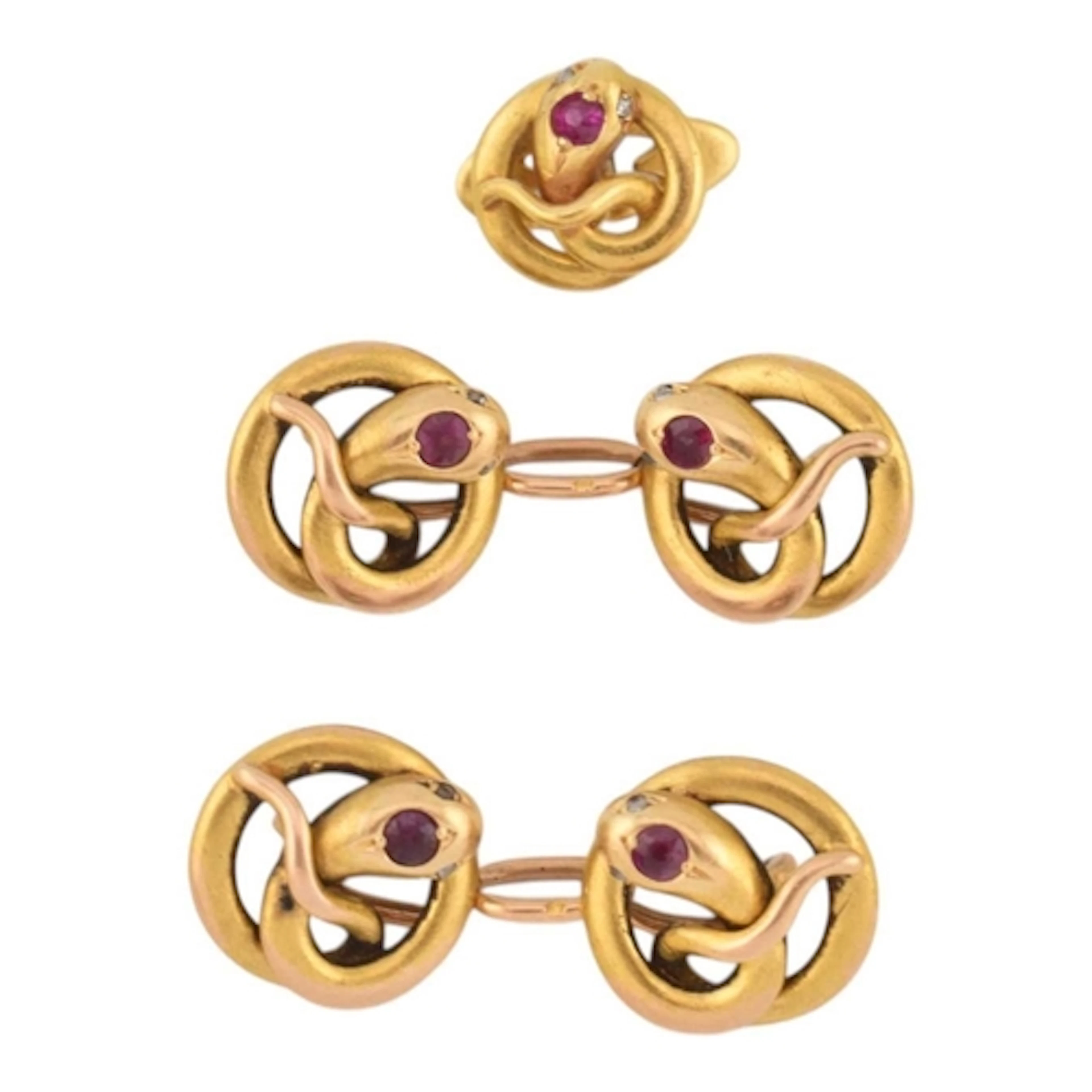 A pair of French gold cufflinks and a button pin with ruby s...
