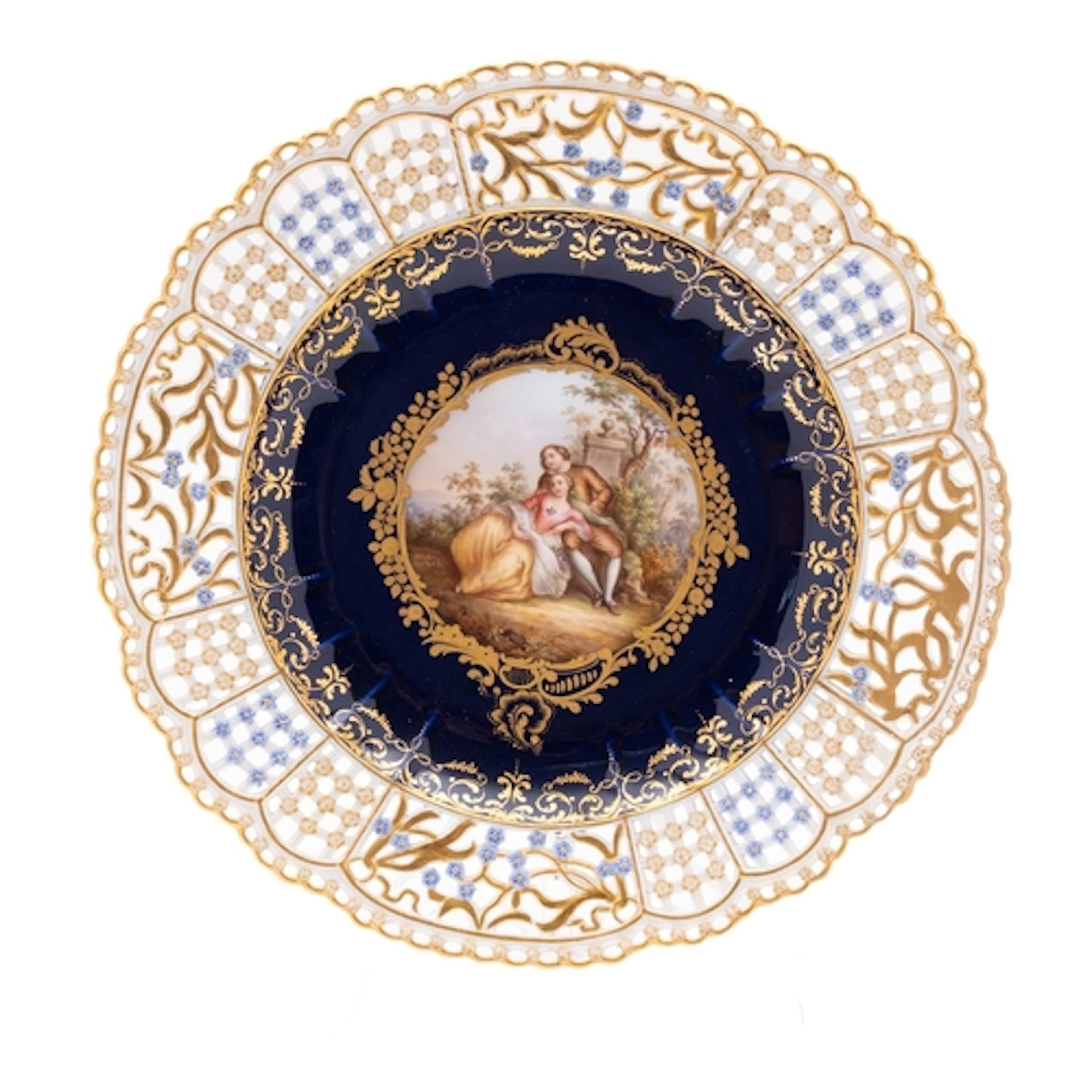 A Meissen porcelain cabinet plate with pierced rim the centr...