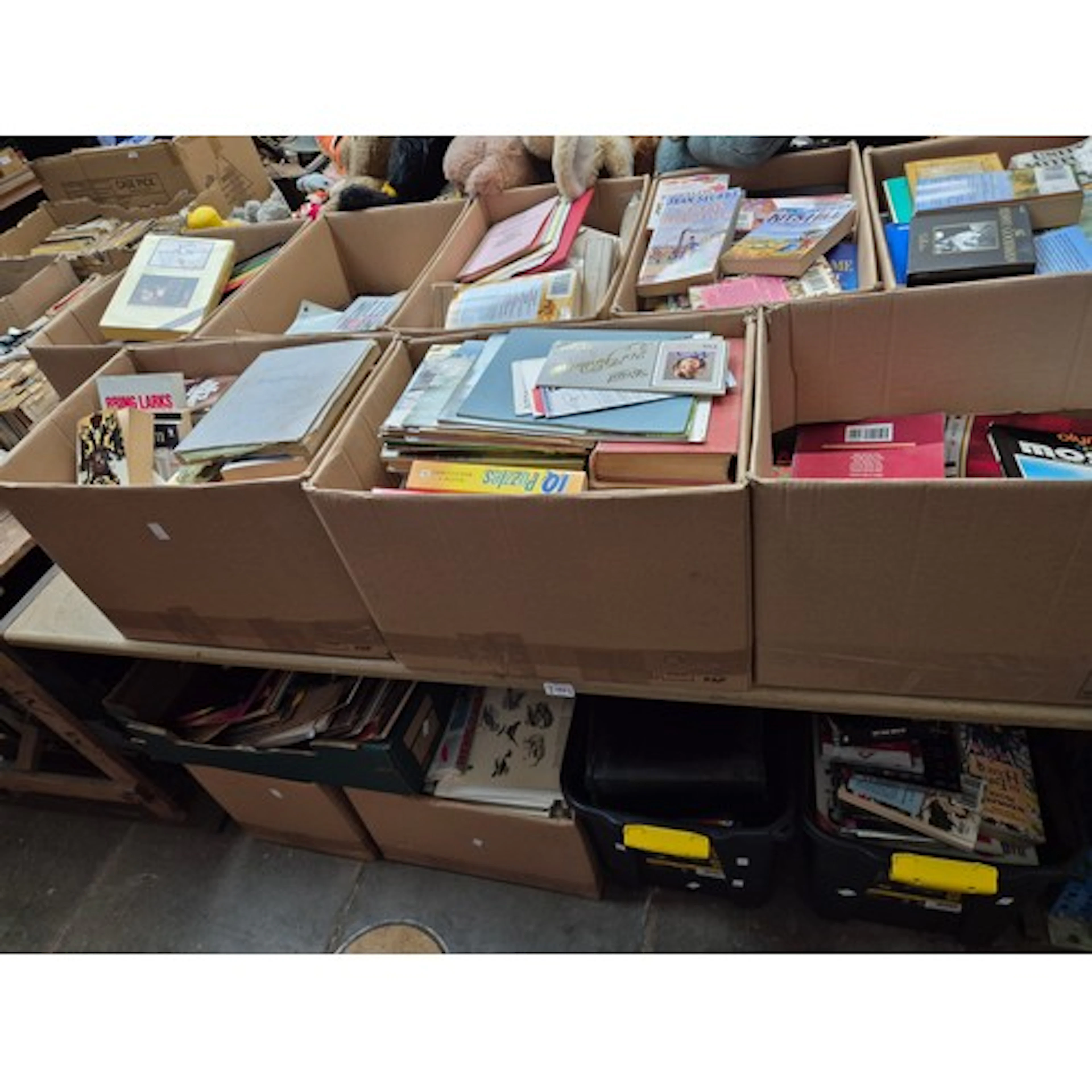 Table top and below - 13 boxes of books, records, CDs, footb...