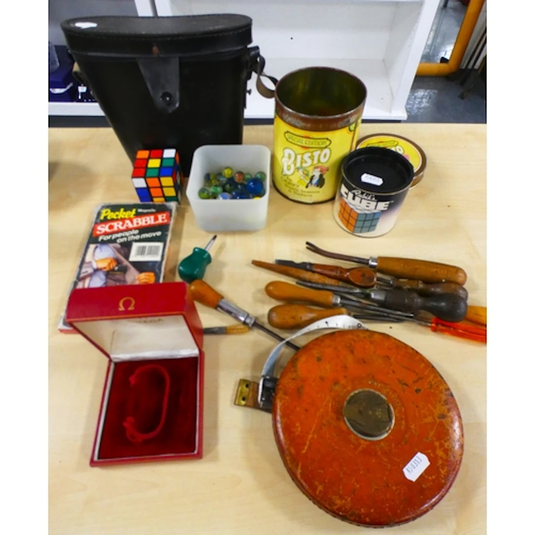 Group of collectables to include an Omega watch box, marbles...