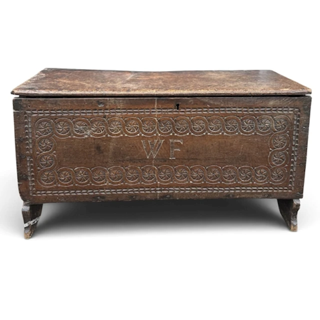 A 17TH CENTURY OAK COFFER 107cm x 55cm x 44cm