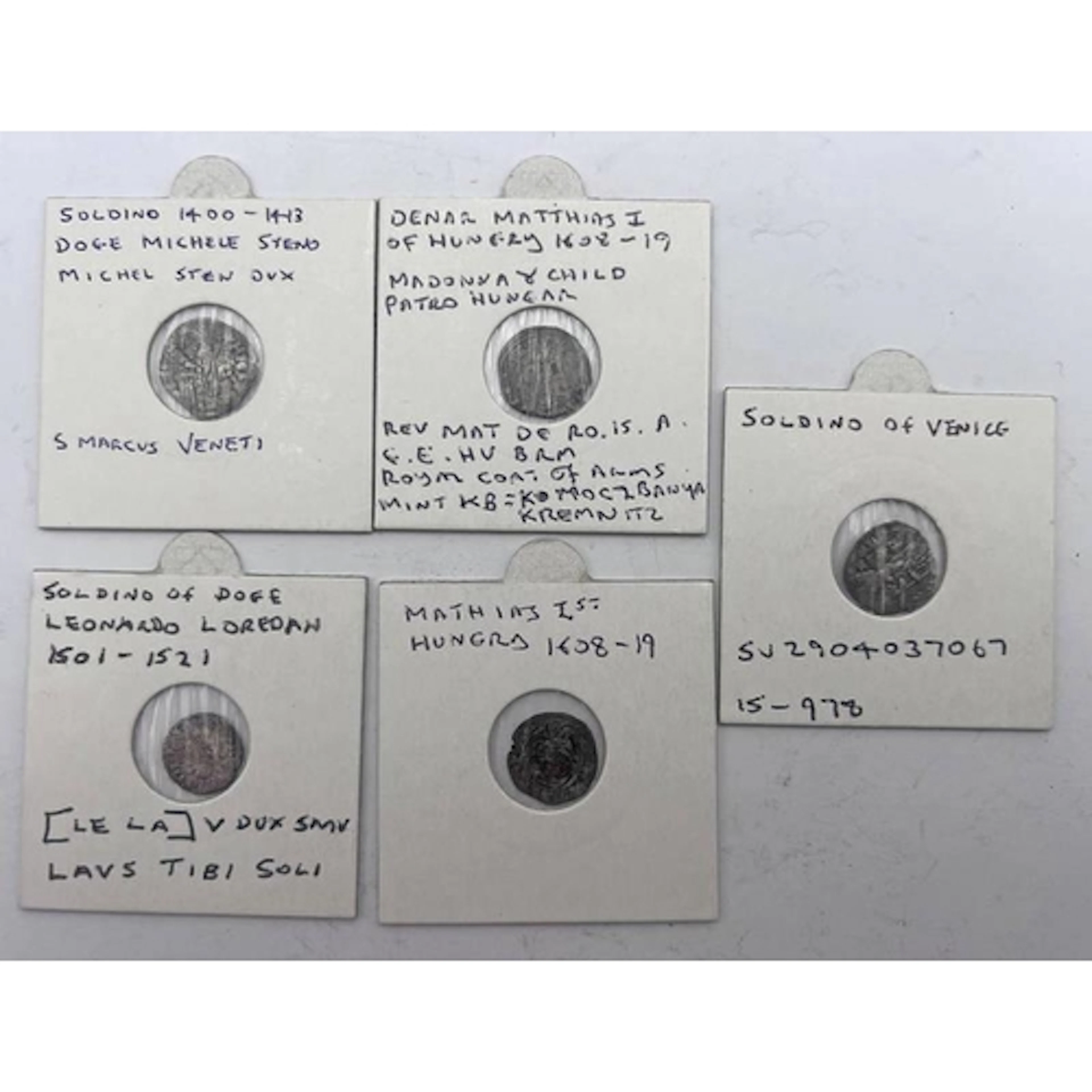 5 X VENETIAN & HUNGARIAN MINOR SILVER COINS, EACH ENCAPSULAT...