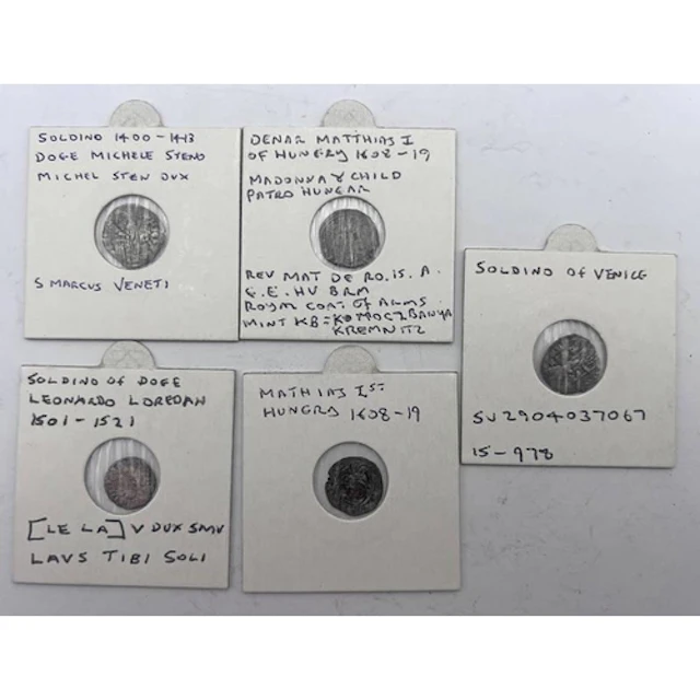 5 X VENETIAN & HUNGARIAN MINOR SILVER COINS, EACH ENCAPSULAT...